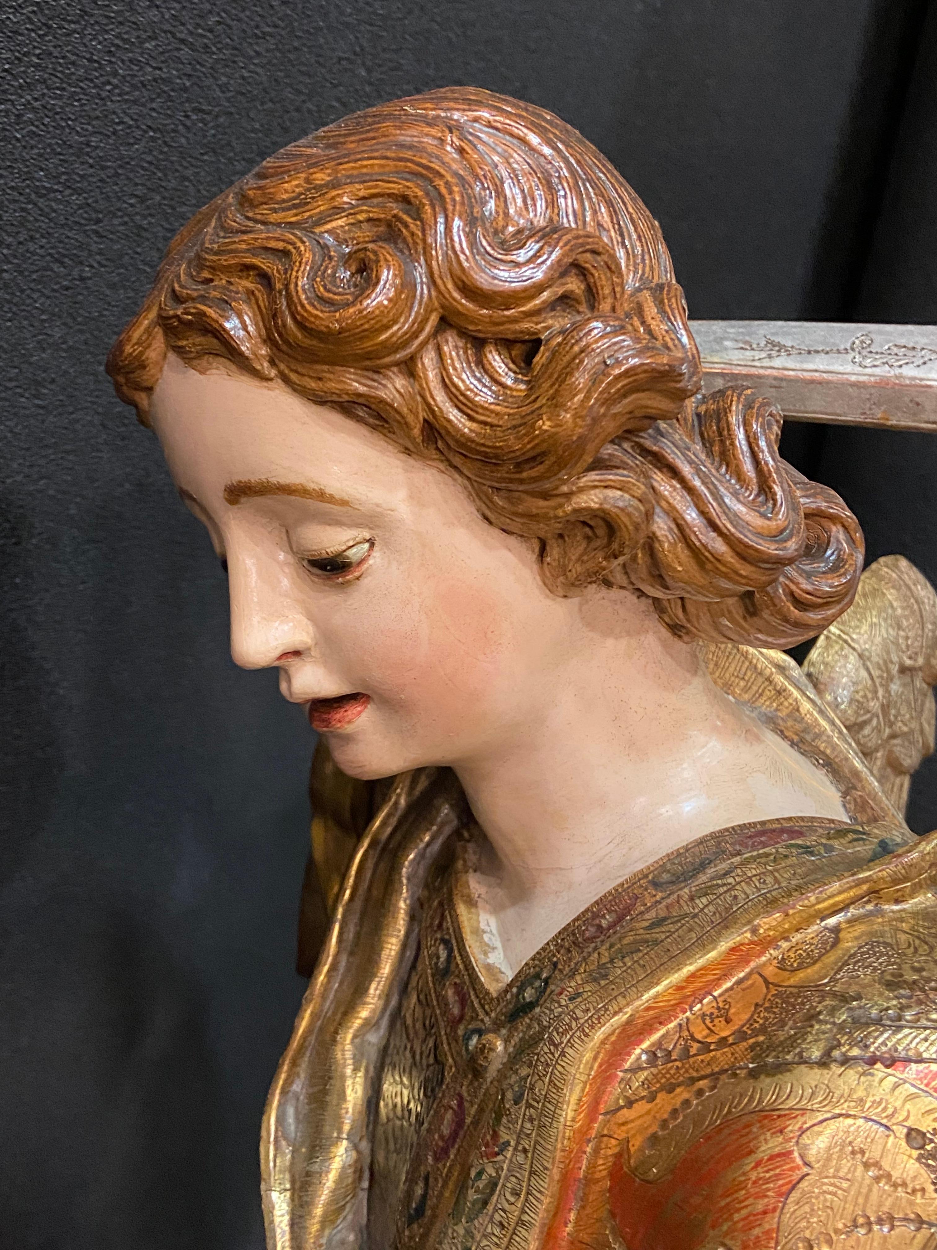 17th  Spanish Sculpture in Carved Silver Gild Wood Saint Michel, Castilia For Sale 3