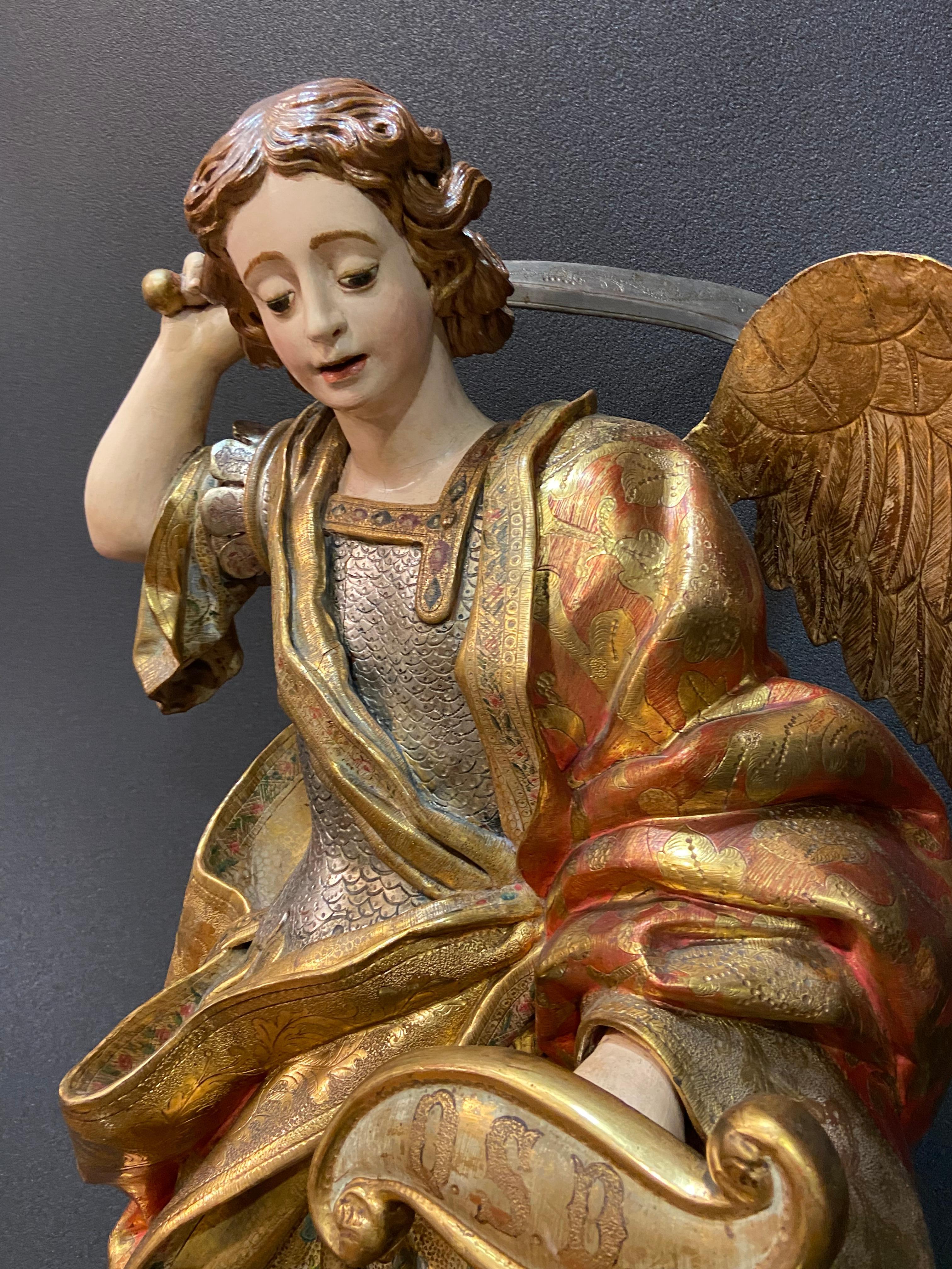 17th  Spanish Sculpture in Carved Silver Gild Wood Saint Michel, Castilia For Sale 5