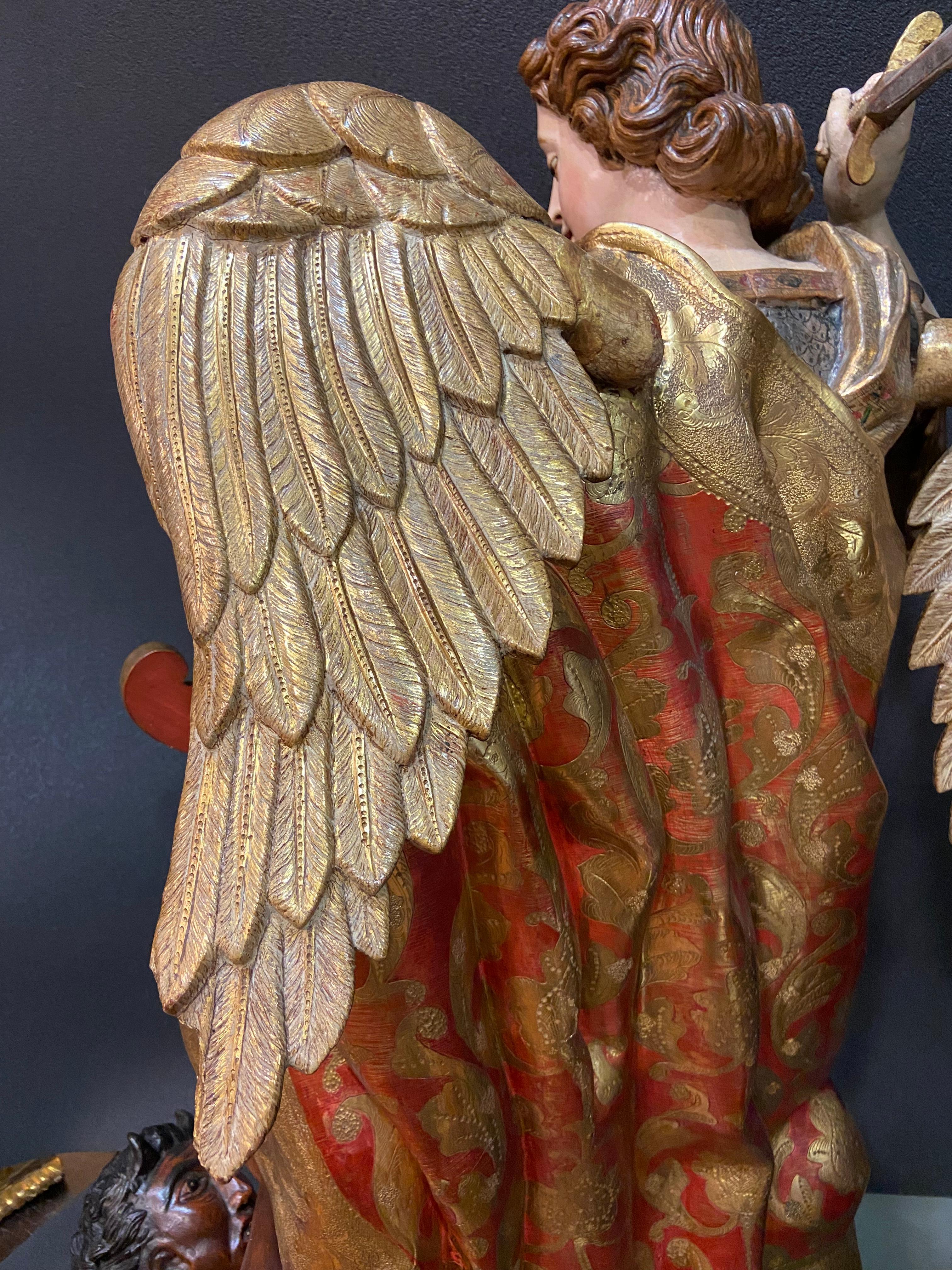 Baroque 17th  Spanish Sculpture in Carved Silver Gild Wood Saint Michel, Castilia For Sale
