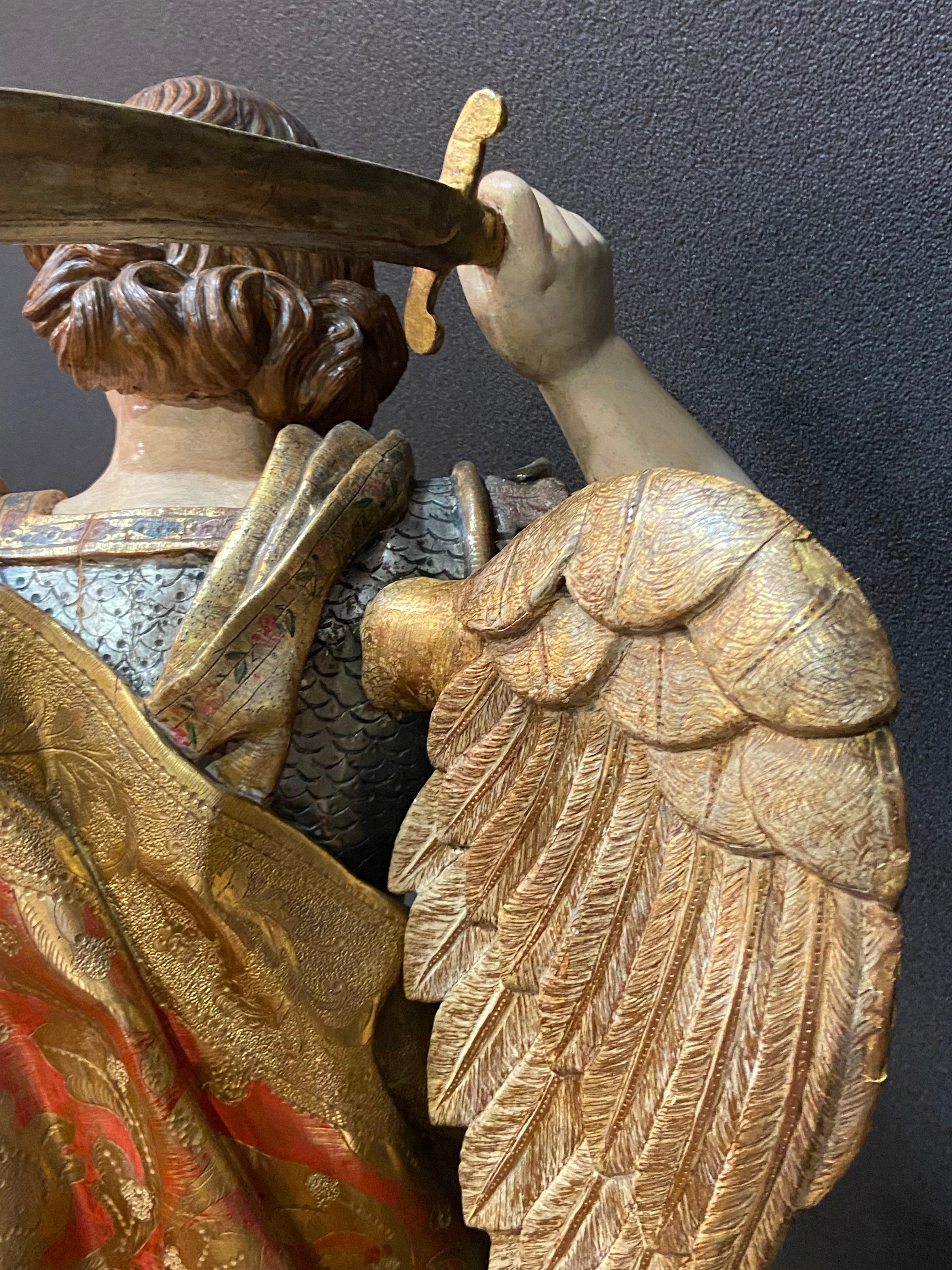 Gold Leaf 17th  Spanish Sculpture in Carved Silver Gild Wood Saint Michel, Castilia For Sale