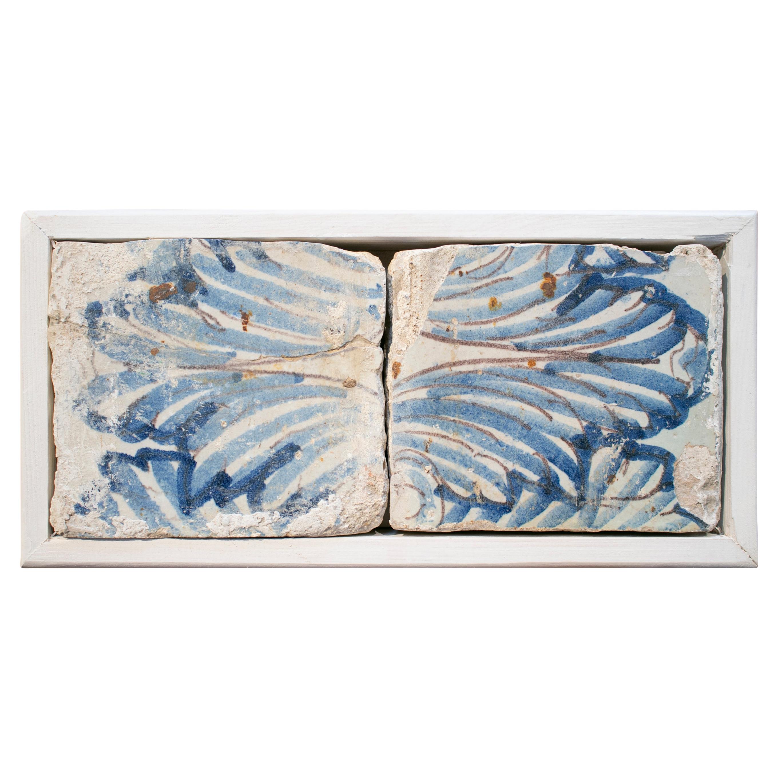 17th Century Spanish Set of 2 Framed Cobalt Blue Glazed Ceramic Tiles