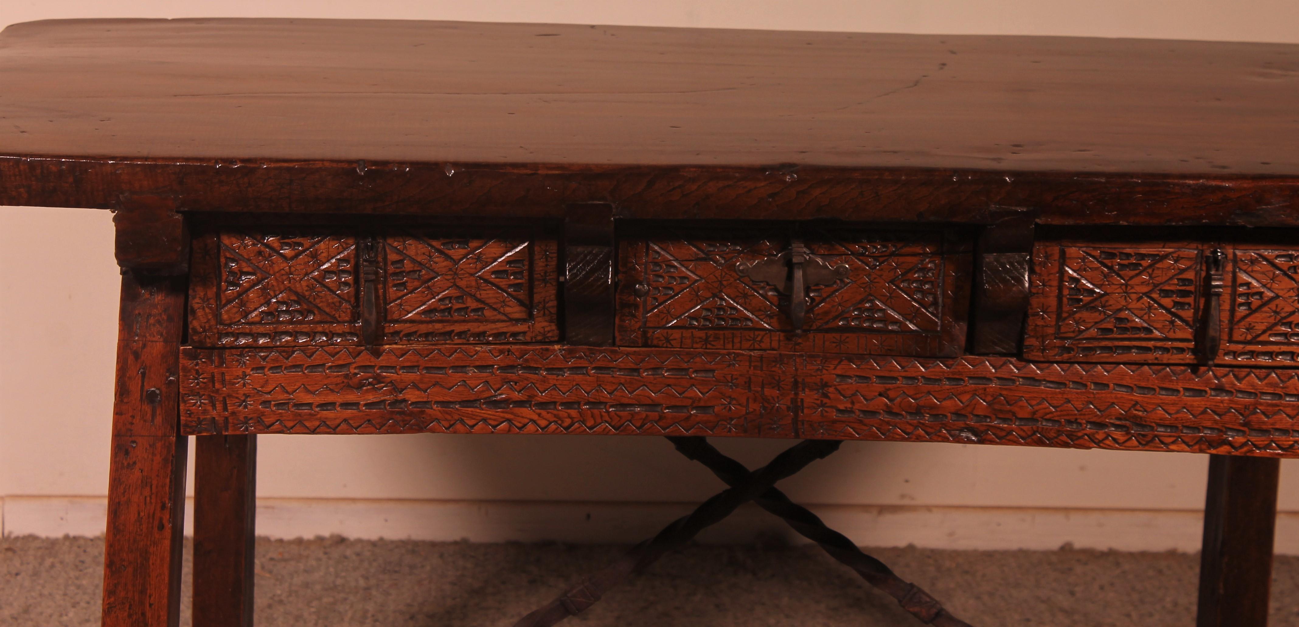 18th Century and Earlier 17th Century Spanish Table with Three Drawers in Chestnut For Sale