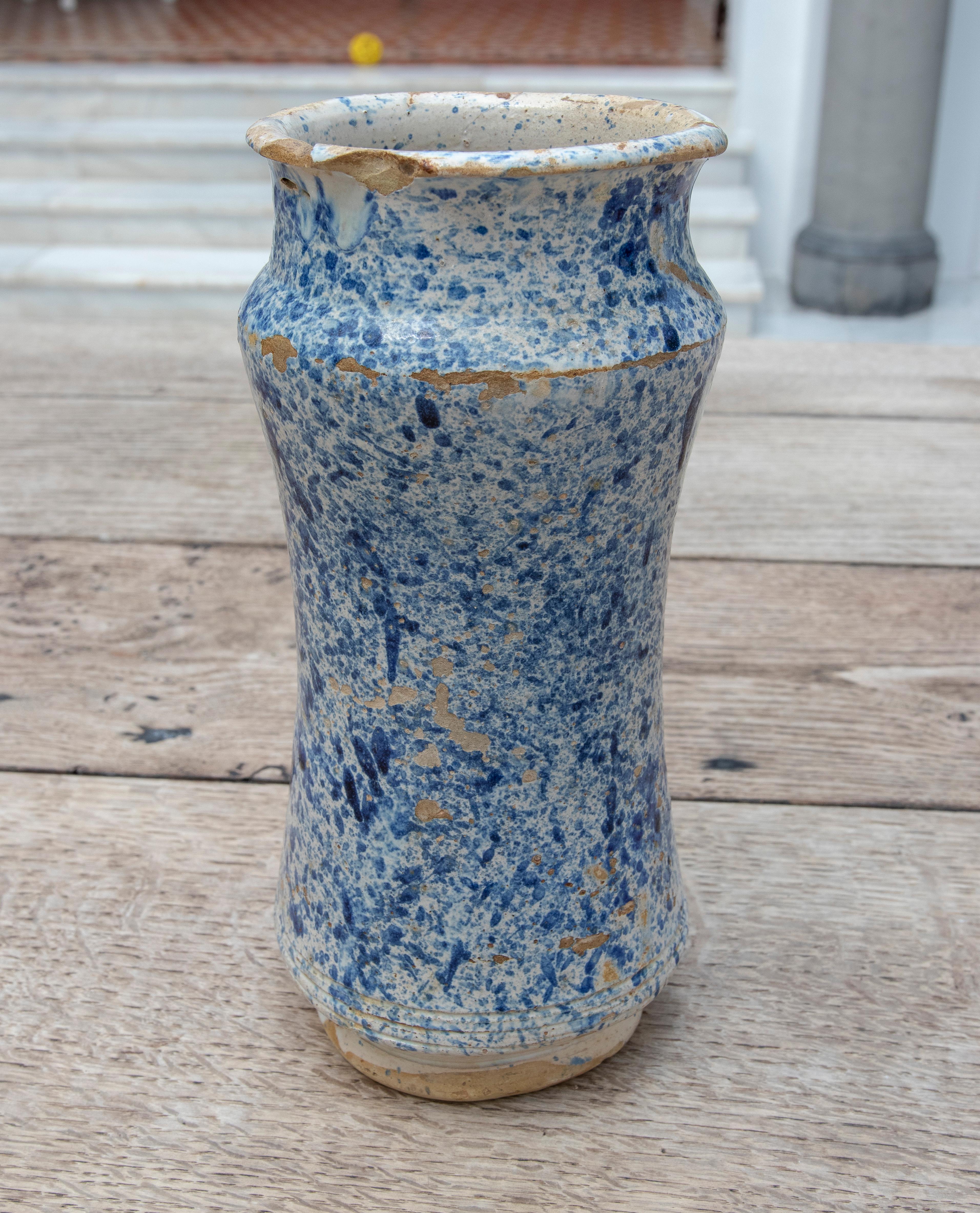 17th century Spanish Talavera pharmacy jar in blue glazed ceramic.