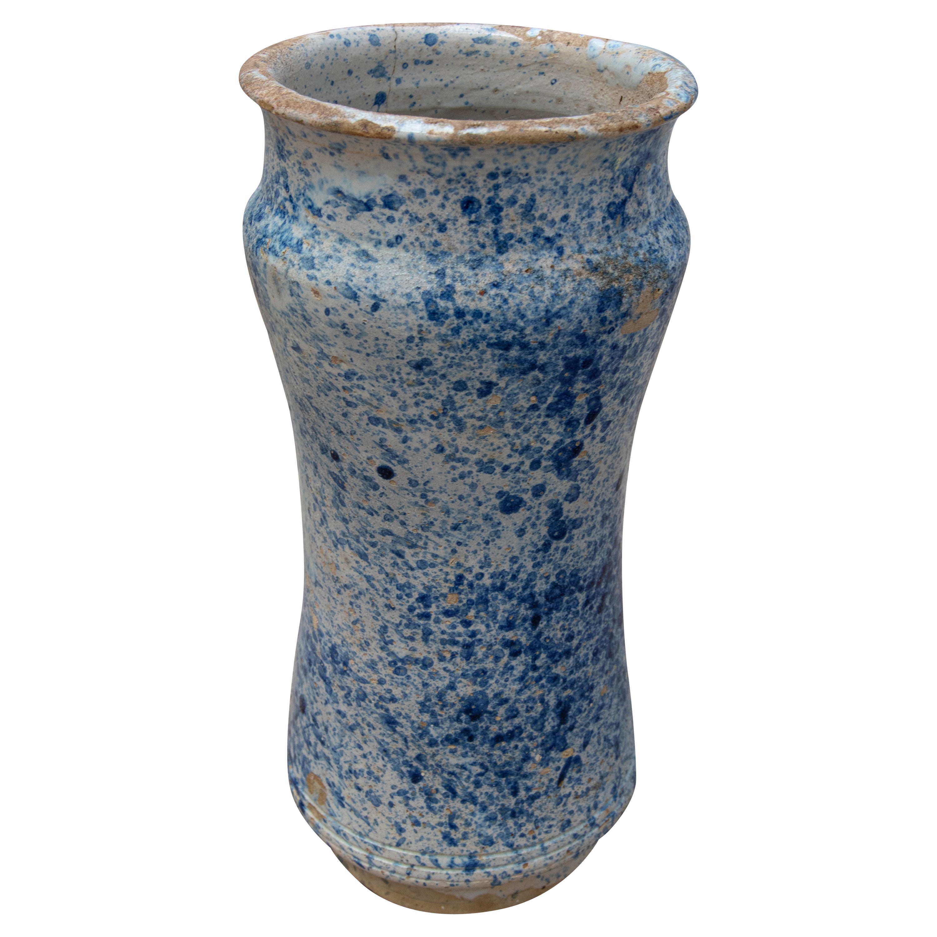 17th Century Spanish Talavera Pharmacy Jar in Blue Glazed Ceramic