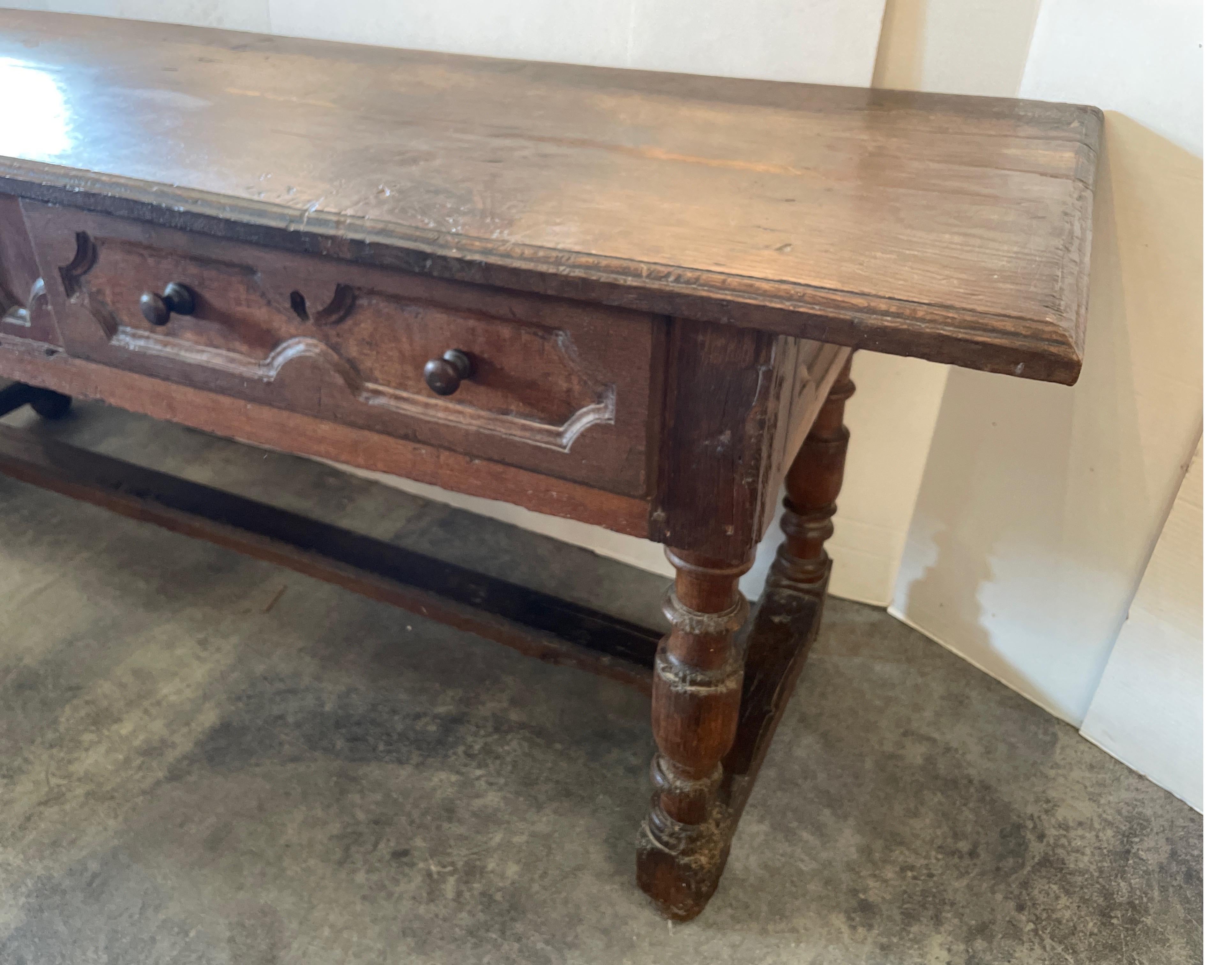 This early 1600s antique Spanish table is pure and unchanged .   It is composed of Oak wood two planks on top and pegged throughout. It's dimensions are 78.25 w x26.3/8 d x 30 t  to bottom of drawers 20 t to floor.  It could serve as a table at the