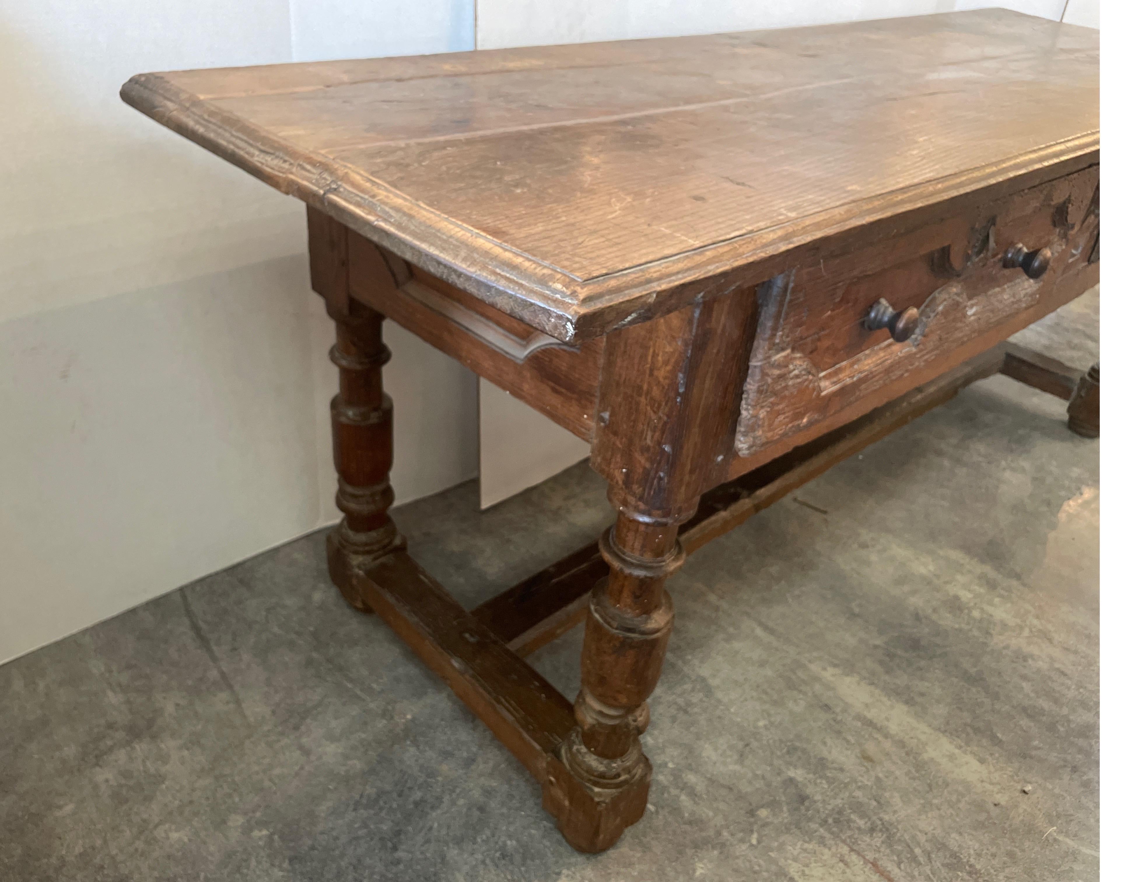 Hand-Carved 17th Century Spanish Two Drawer Hand Pegged Oak Table 