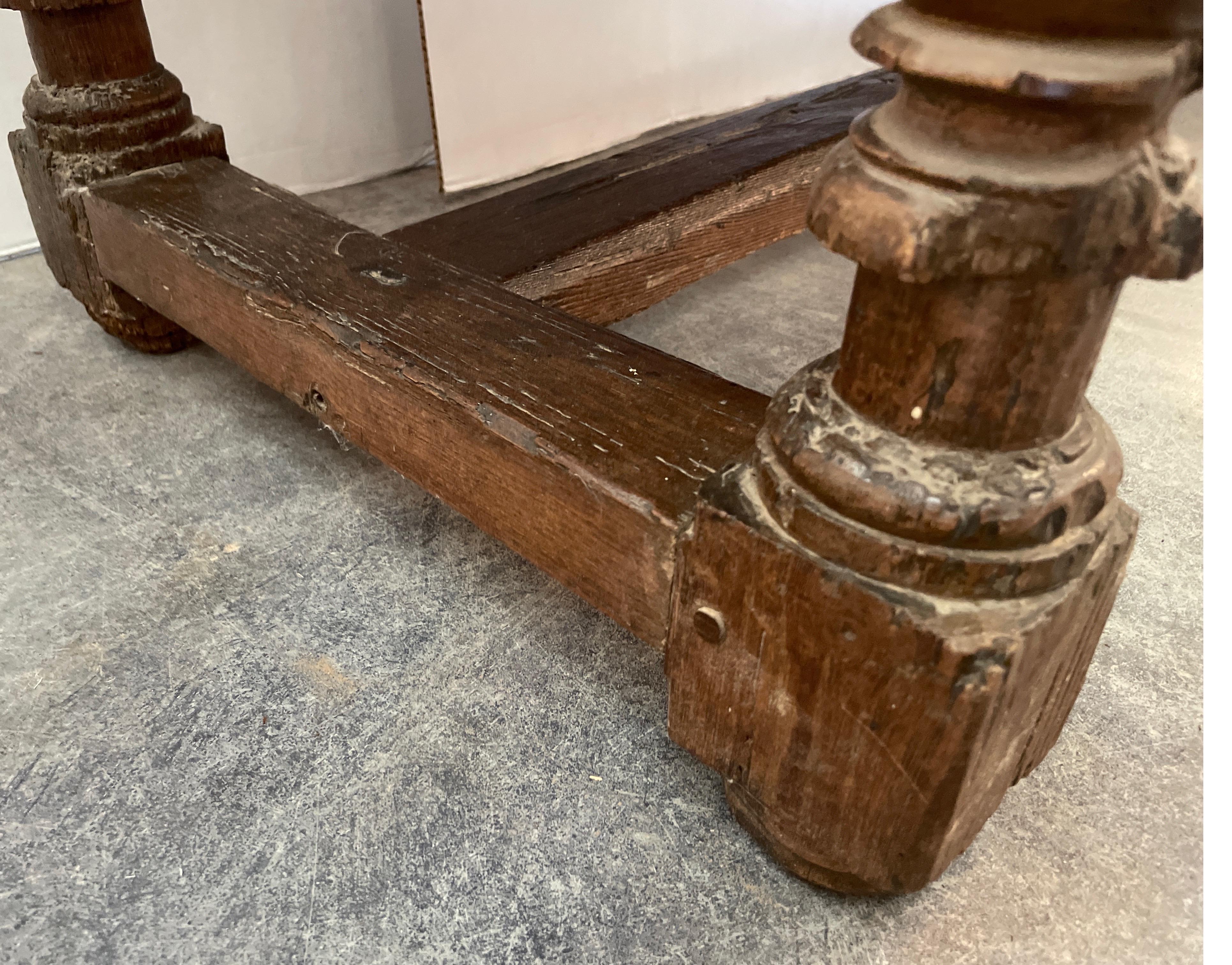 17th Century Spanish Two Drawer Hand Pegged Oak Table  In Good Condition In Houston, TX