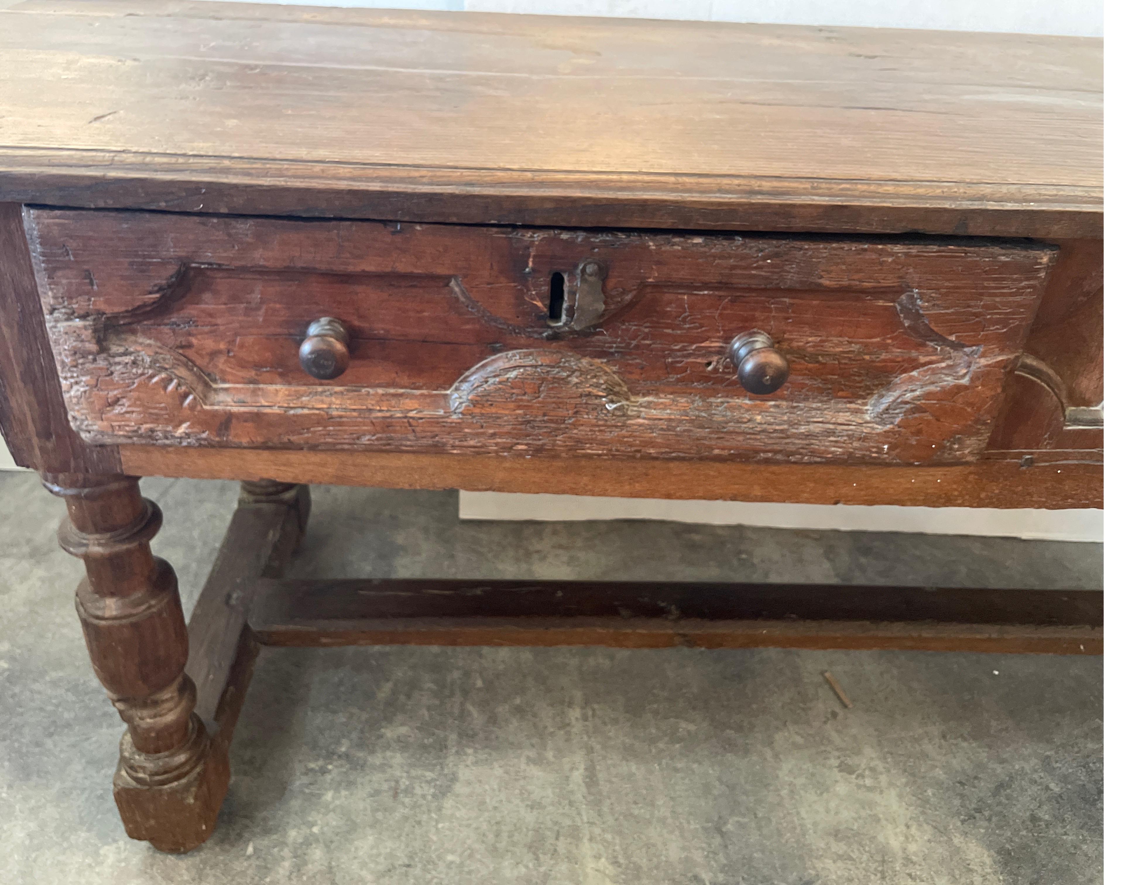 17th Century Spanish Two Drawer Hand Pegged Oak Table  2
