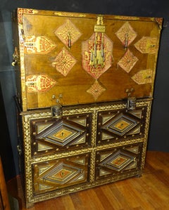 17th Century Spanish Vargueño in Wood, Bone and Iron