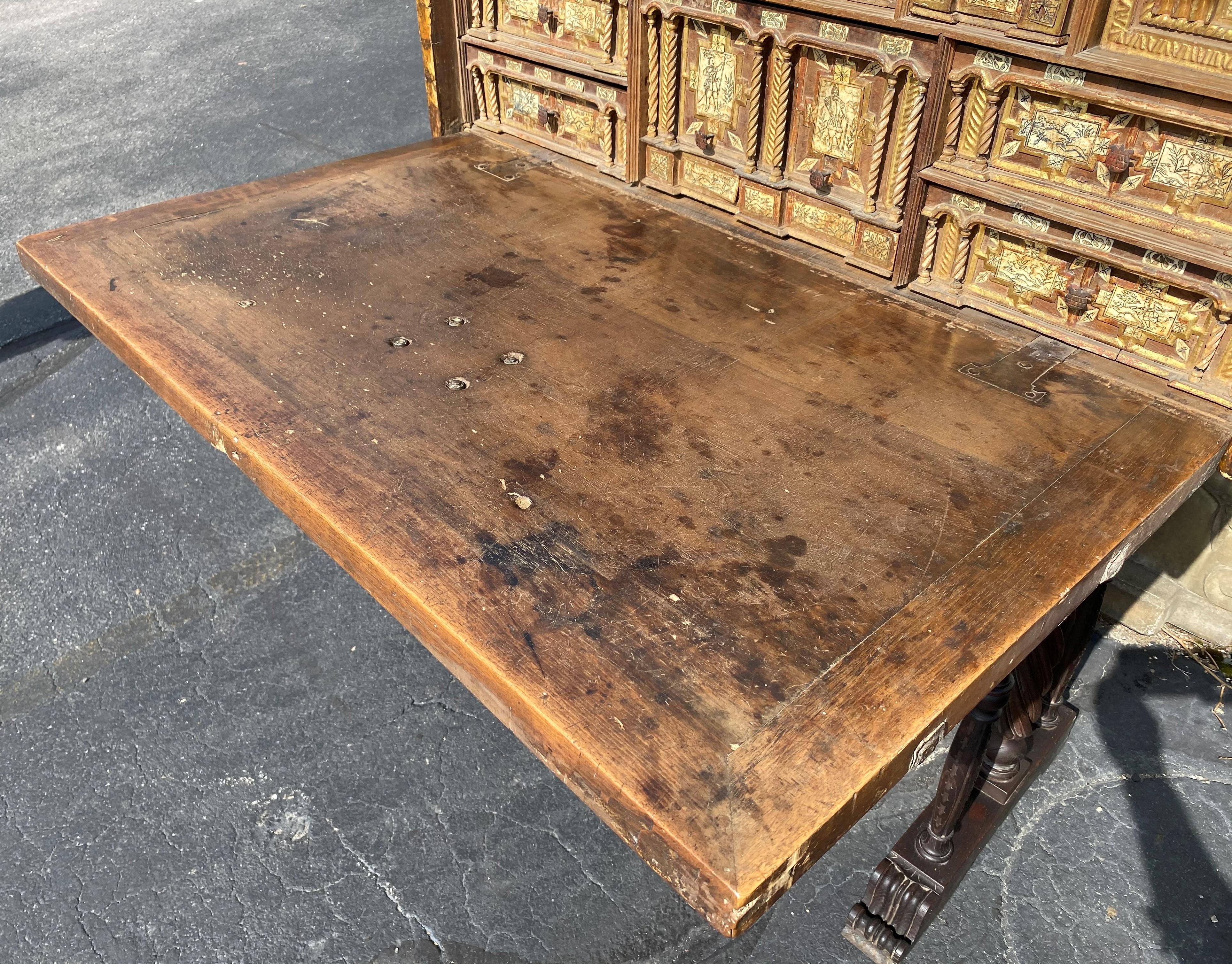 17th Century Spanish Vargueno with Decoupage Exterior on Baroque Style Base For Sale 6