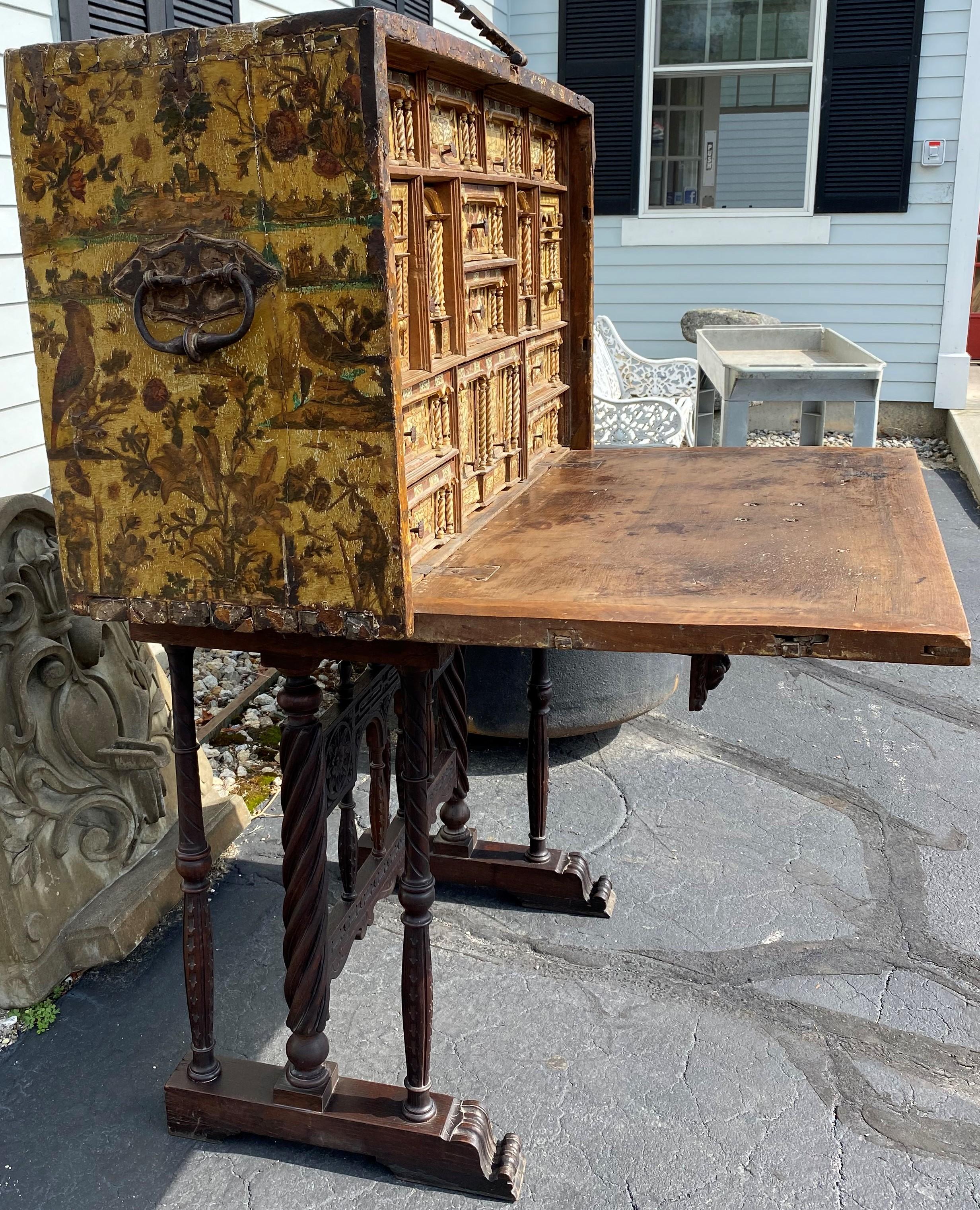 Hand-Carved 17th Century Spanish Vargueno with Decoupage Exterior on Baroque Style Base For Sale