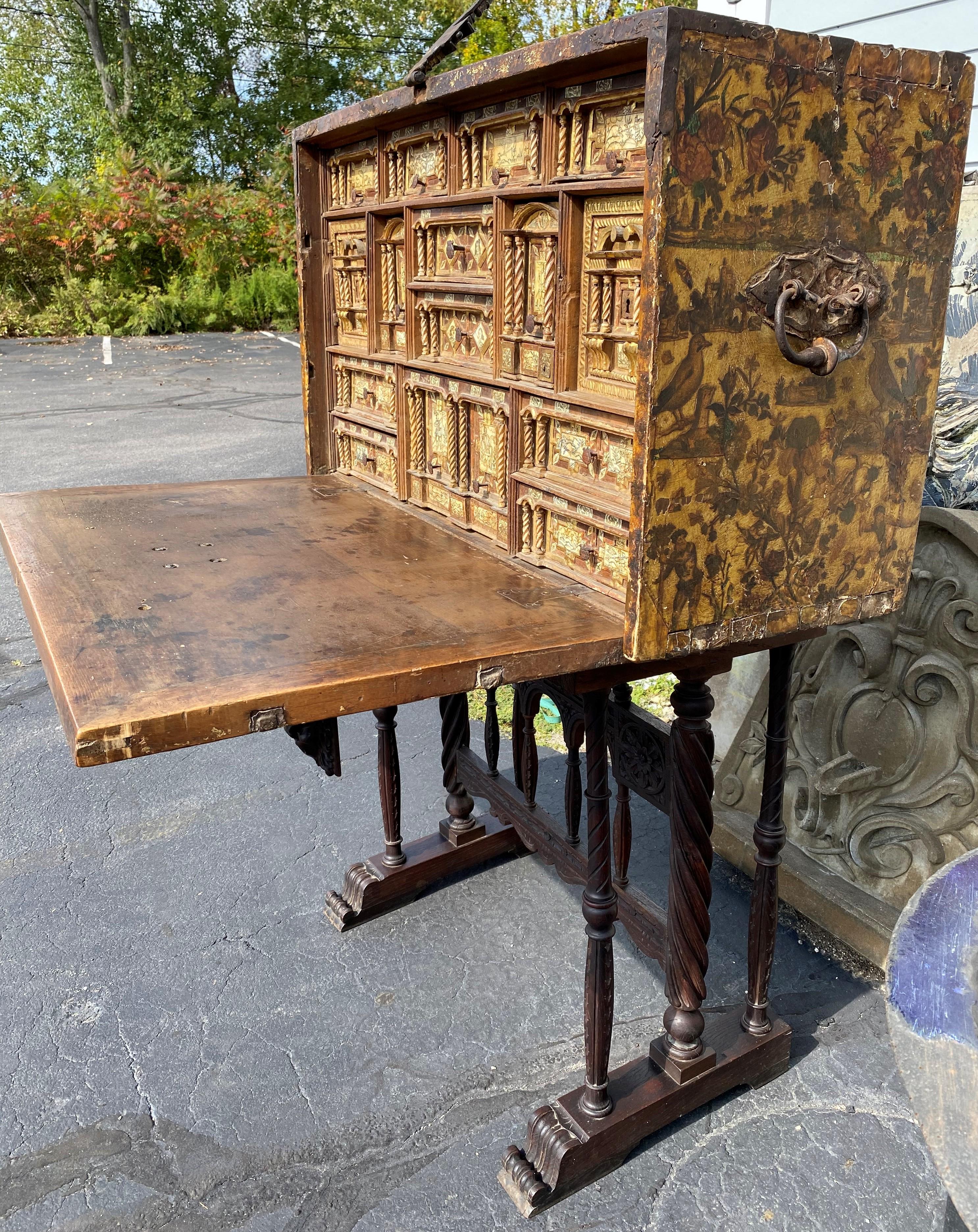 17th Century Spanish Vargueno with Decoupage Exterior on Baroque Style Base In Good Condition For Sale In Milford, NH