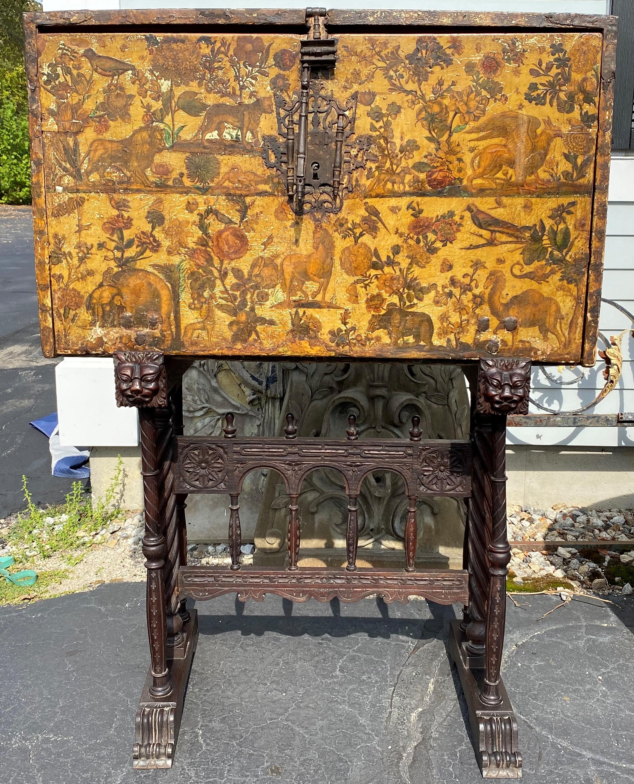 18th Century and Earlier 17th Century Spanish Vargueno with Decoupage Exterior on Baroque Style Base For Sale