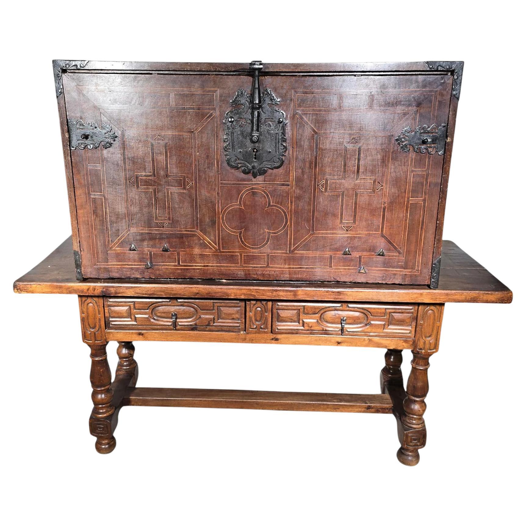 17th Century Spanish Walnut and Exotic Wood Cabinet with Marquetry Interior