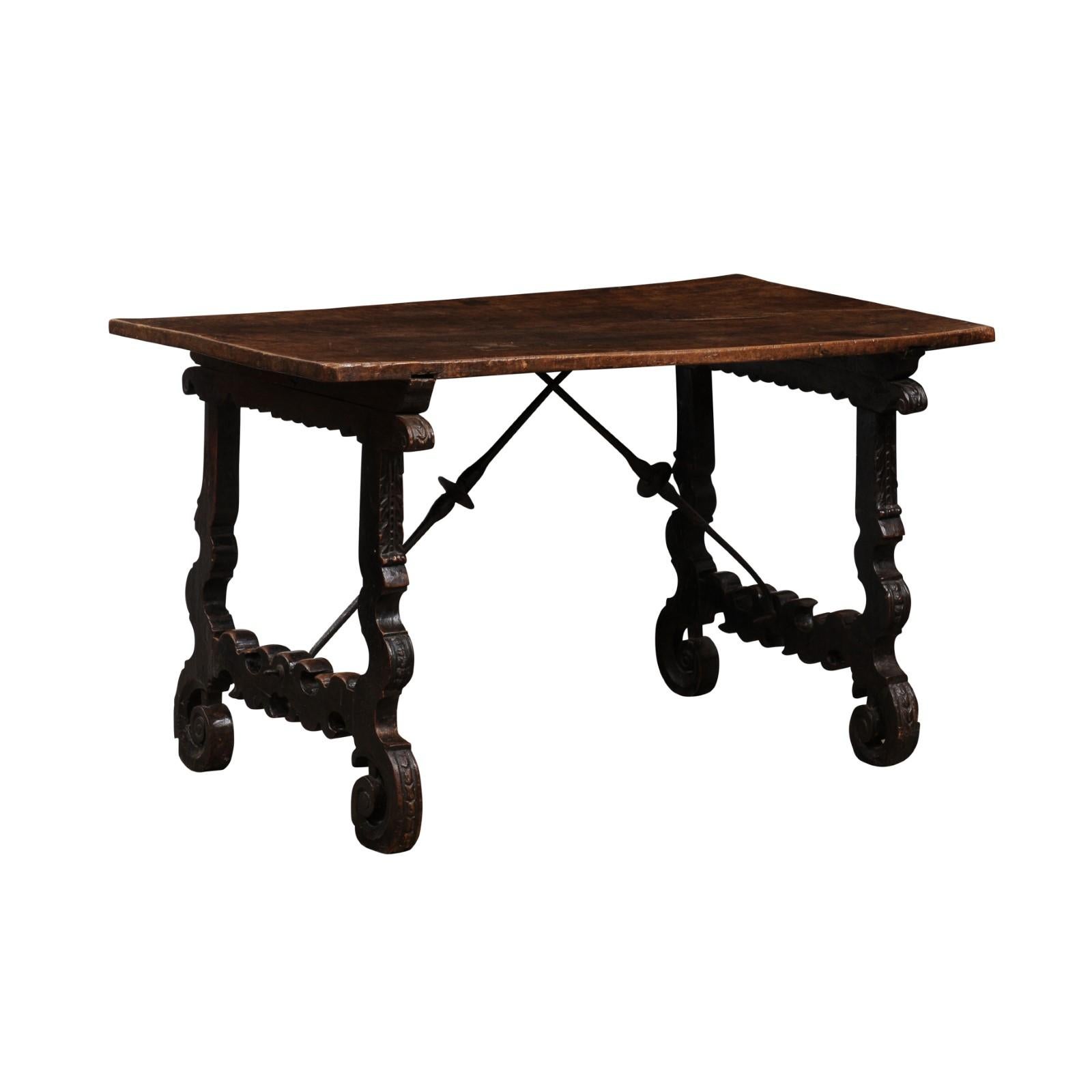 17th Century Spanish Walnut Table with Lyre Shaped Carved Legs & Iron Stretchers