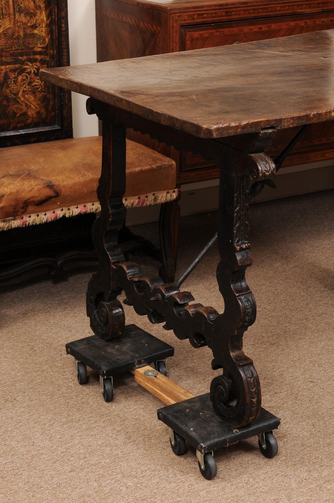 18th Century and Earlier 17th Century Spanish Walnut Table with Lyre Shaped Carved Legs For Sale