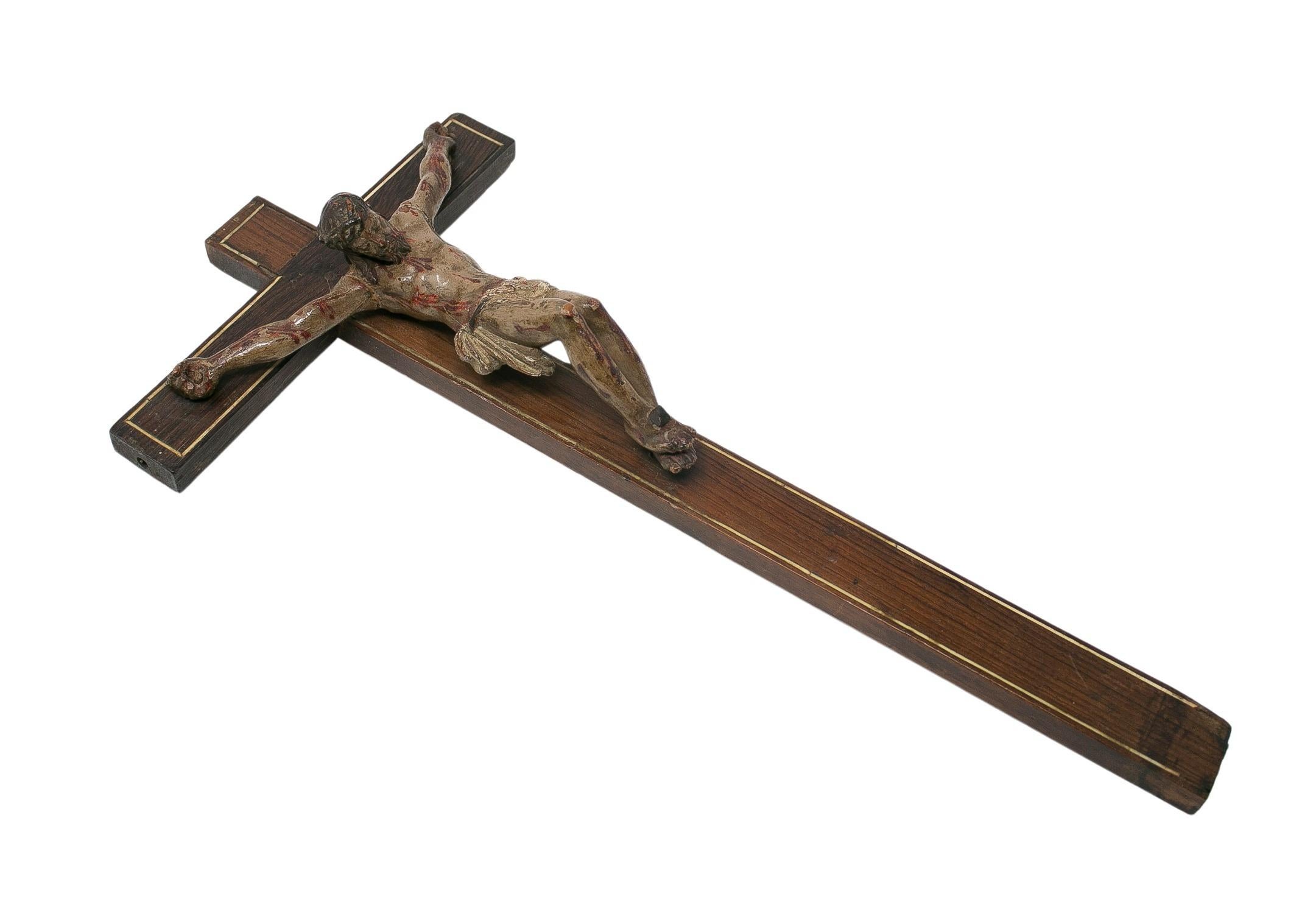 17th century Spanish wooden crucifix figure sculpture.
