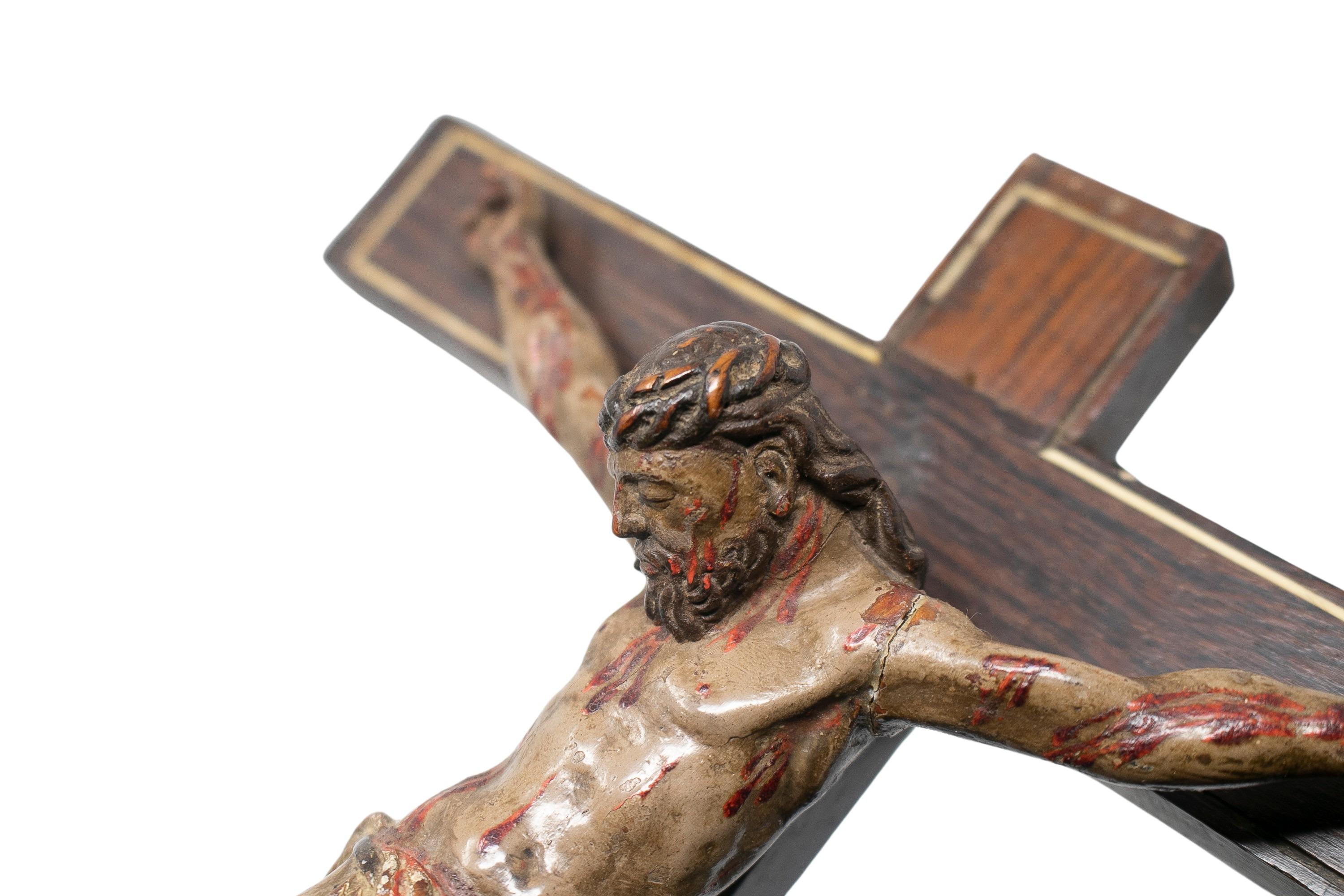 Hand-Carved 17th Century Spanish Wooden Crucifix Figure Sculpture For Sale