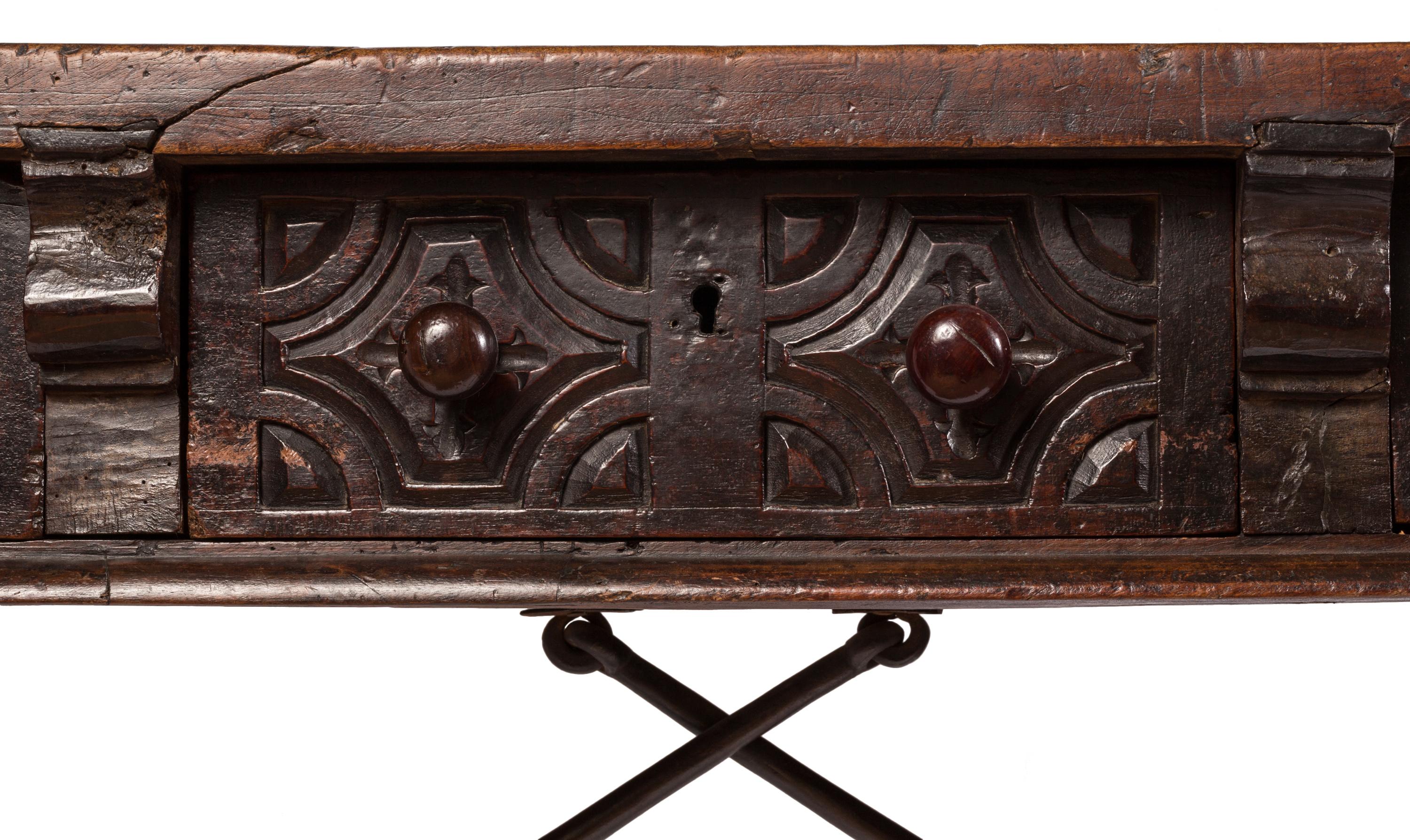 18th Century and Earlier 17th Century Spanish Writing Table with Drawers and Hand Carved Details