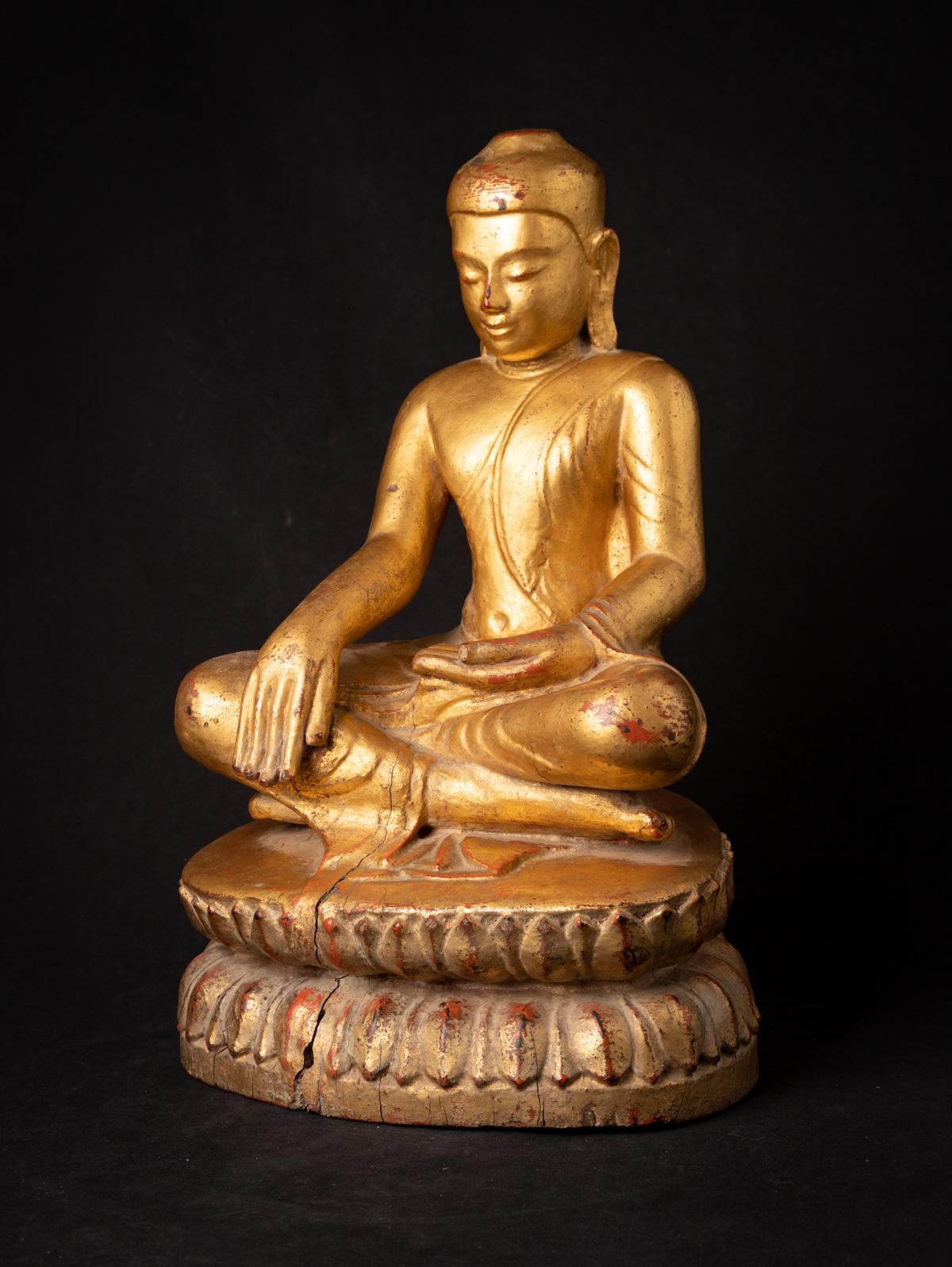 The special antique wooden Burmese Buddha statue stands as a testament to the timeless devotion and artistic brilliance of Burma's cultural legacy. Carved from wood, this exquisite statue rises to a height of 44.5 cm, with dimensions of 28.3 cm in