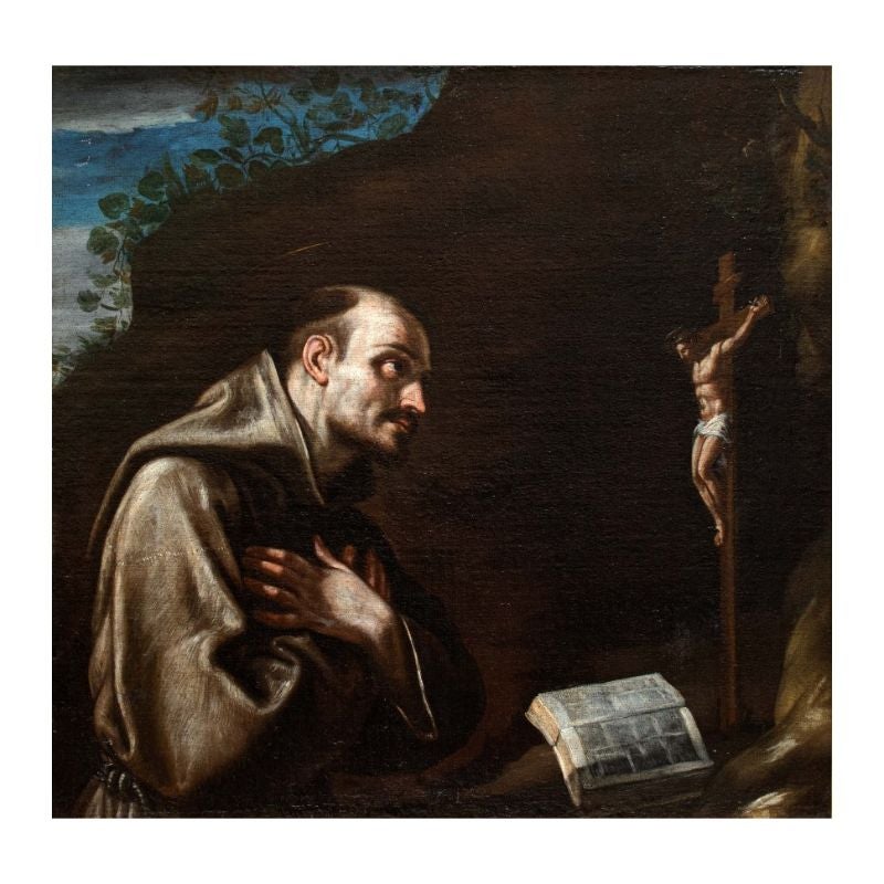 17th century, Emilian school 

St. Francis in prayer

Measures: Oil on canvas, 92 x 96.5 cm

Frame 99 x 104 cm

The work in question depicts St. Francis of Assisi with his hands joined in prayer before the crucified Christ. The scene, set on