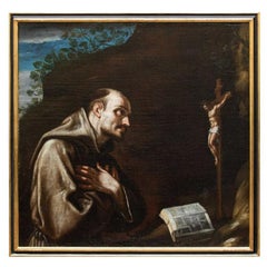 17th Century St. Francis in Prayer Emilian School Painting Oil on Canvas