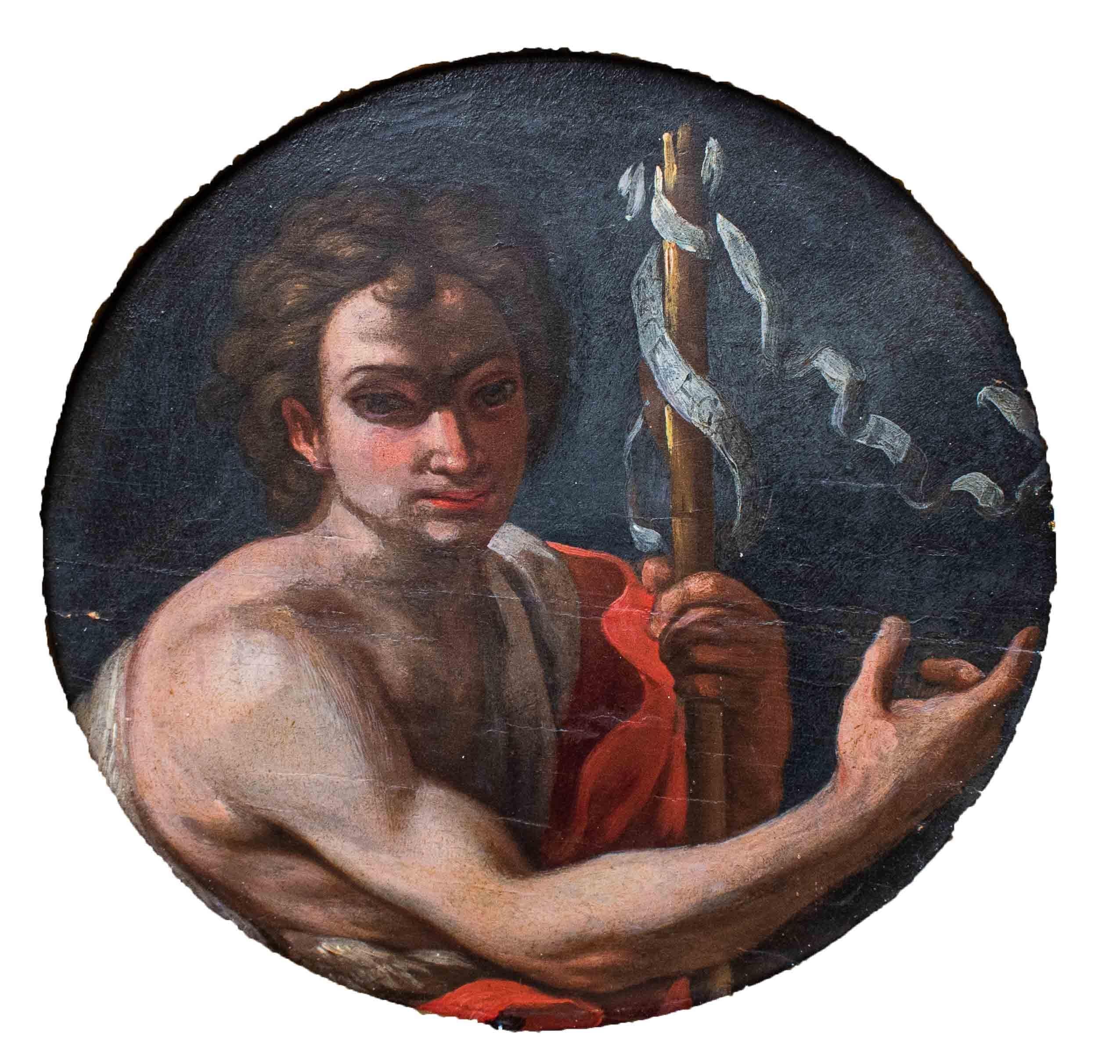 Florentine school, 17th century
St. John Baptist
Oil on canvas, diameter cm 20 - with frame diameter 30

In this small round-format canvas, St. John the Baptist is depicted half-length with his typical infant iconography, dressed in poor clothes