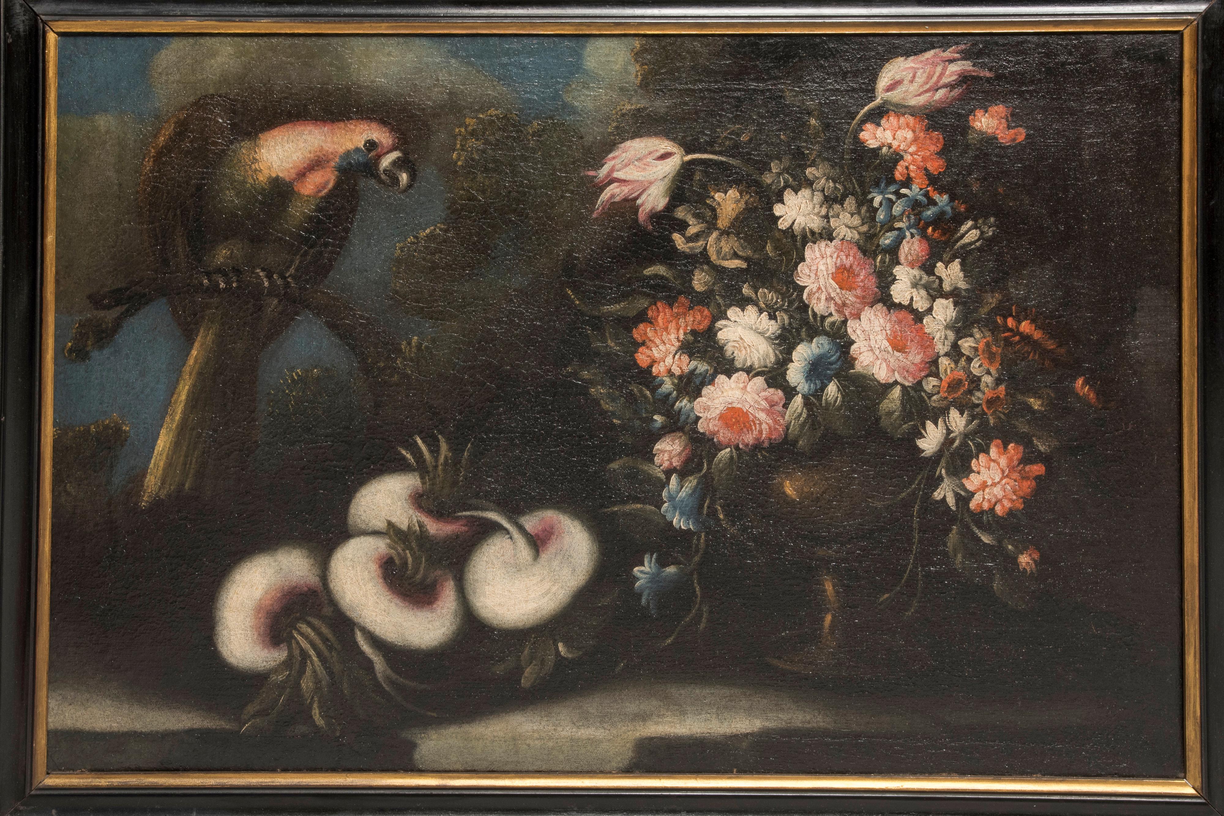 Italian 17th Century Still Life Oil on Canvas Black Lacquered Frame