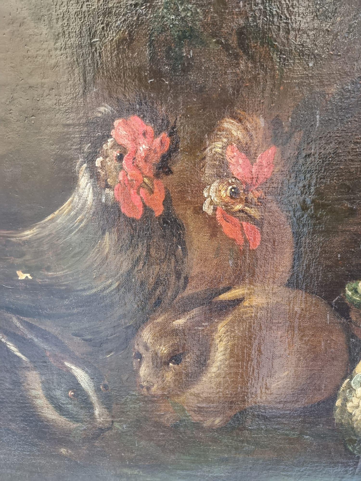 Still life oil painting on canvas depicting pumpkins, rabbits and chickens. Tuscany XVII century.
The painting needs very small restoration. It has been relined.
