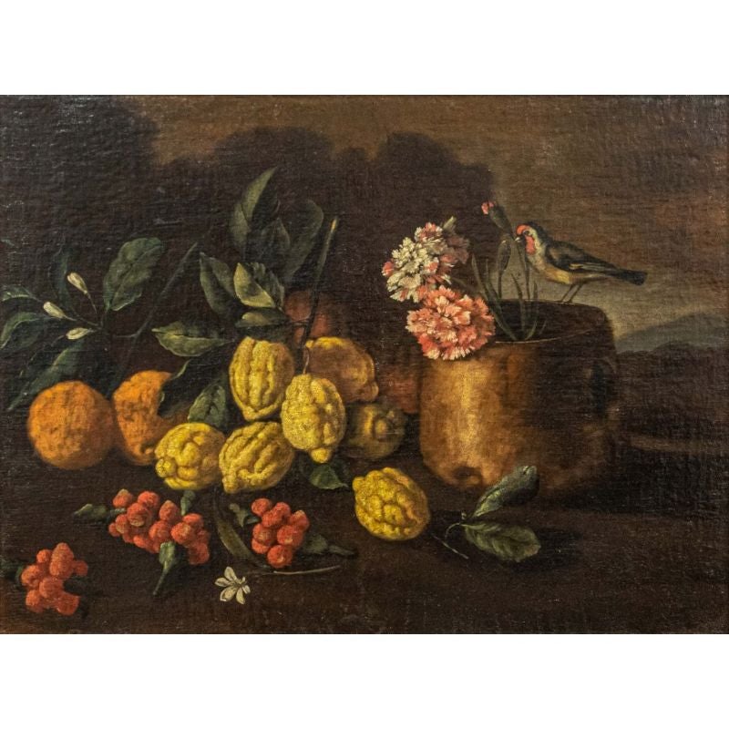 Area of ??Giovanni Battista Ruoppolo (Naples, 1629 - 1697) Still life with fruit and little bird

Measures: Oil on canvas, 62 x 83 cm

The still life in question shows juicy citrus fruits, among which we can recognize oranges and cedars,