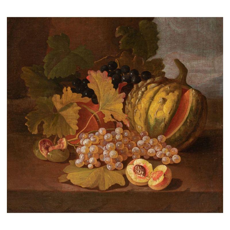 Carlo Lanfranchi (Mirafiori, 1632 - ivi, 1721), attr. Still life with pumpkin, grapes, peach and fig

Measures: Oil on canvas, 54 x 56 cm - with frame 73.5 x 76 cm

A plastic lighting carves the present first fruits, investigated through a