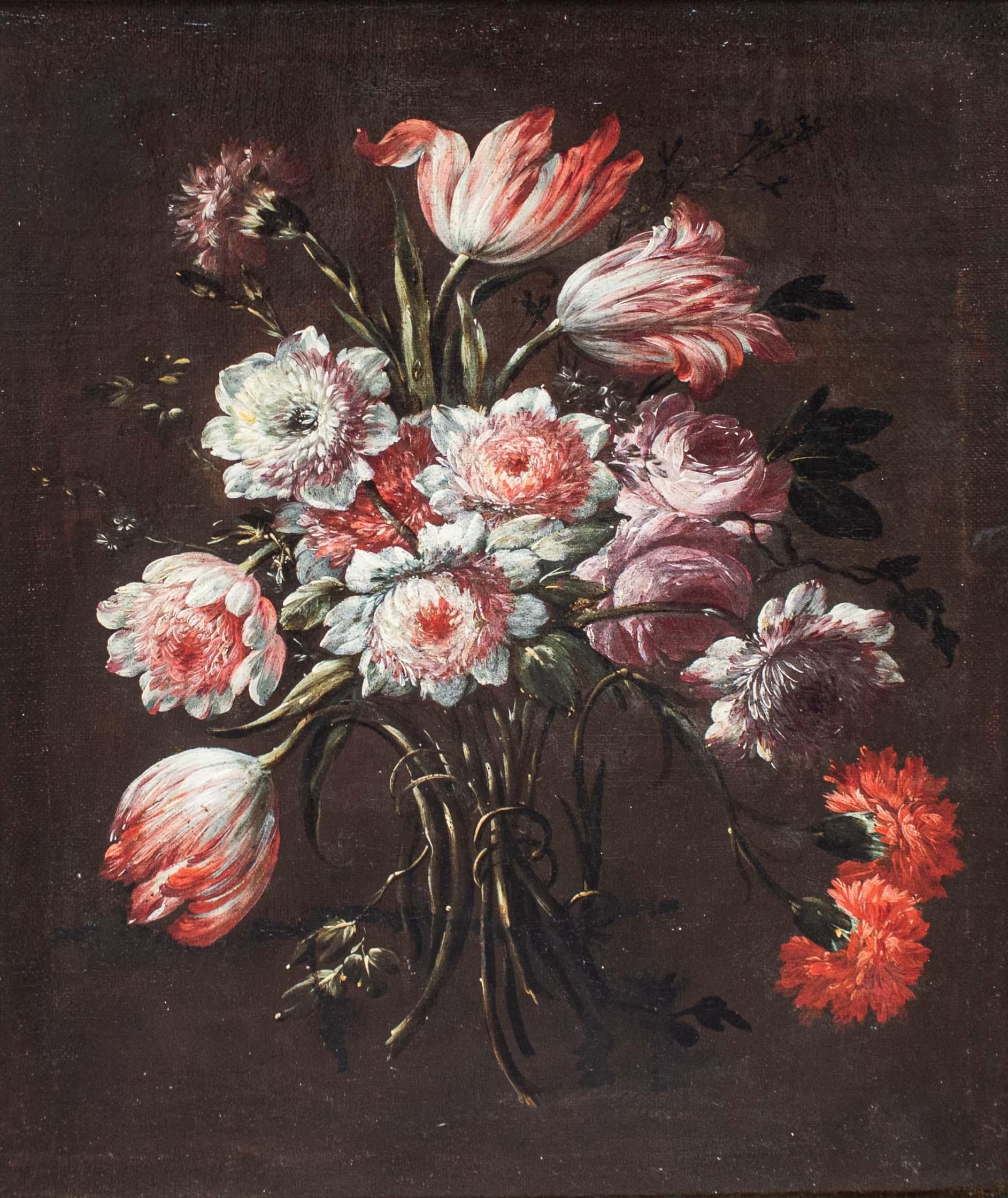 17th century, Neapolitan school
Still life with vase of flowers
Oil on canvas, 62 x 48 cm - with frame, 78.5 x 65 cm

This painting shows a delicately essential bunch of cut flowers, offered in bold relief against a dark background. Carnations,