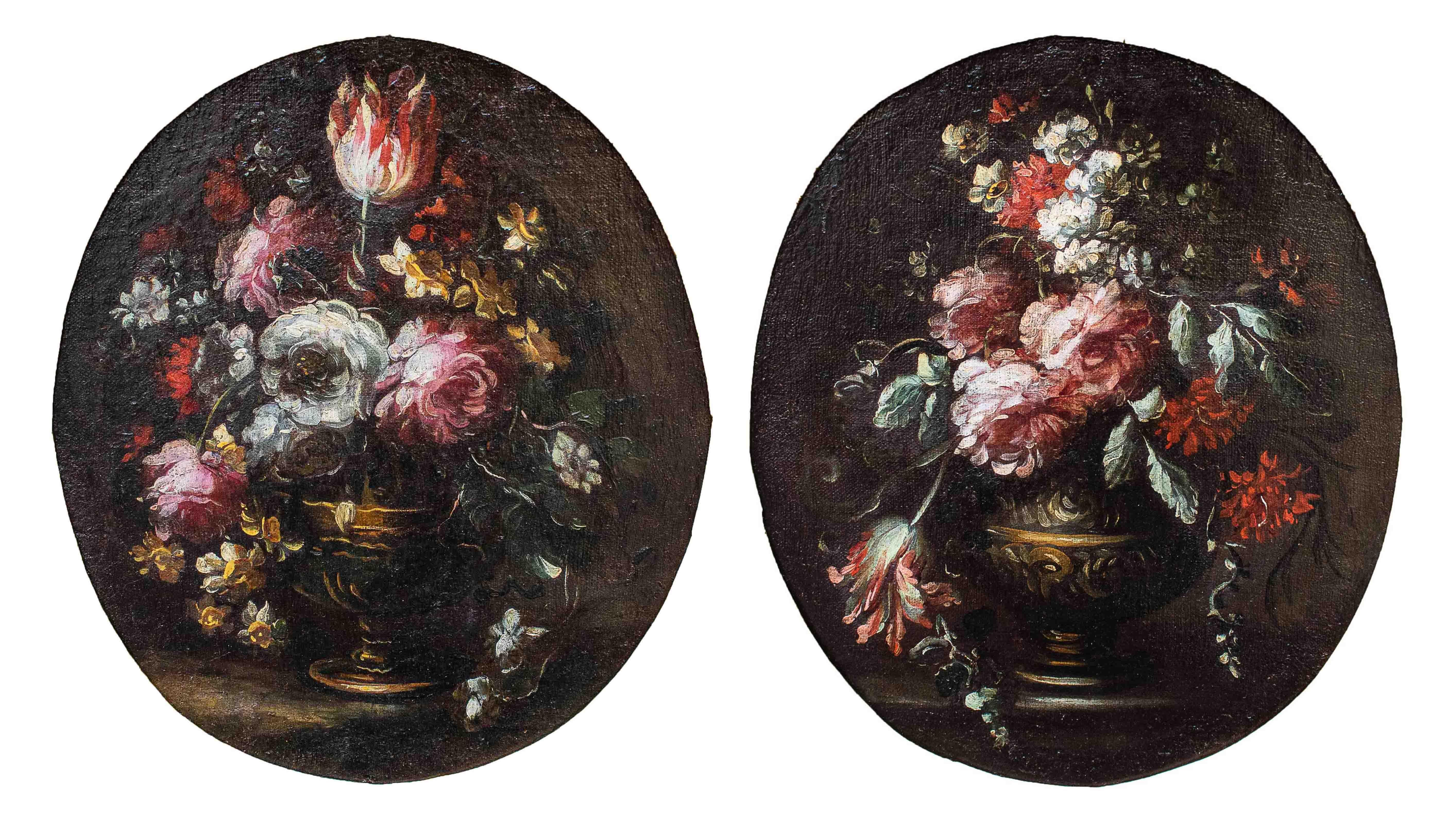 Margherita Caffi (1647 - 1710), attributed
Still lifes with flowers
(2) Oil on canvas, 47 x 39 cm - with frame, 57 x 49 cm

Given the stylistic and formal comparisons, the pair of paintings representing two still lifes with flowers can be