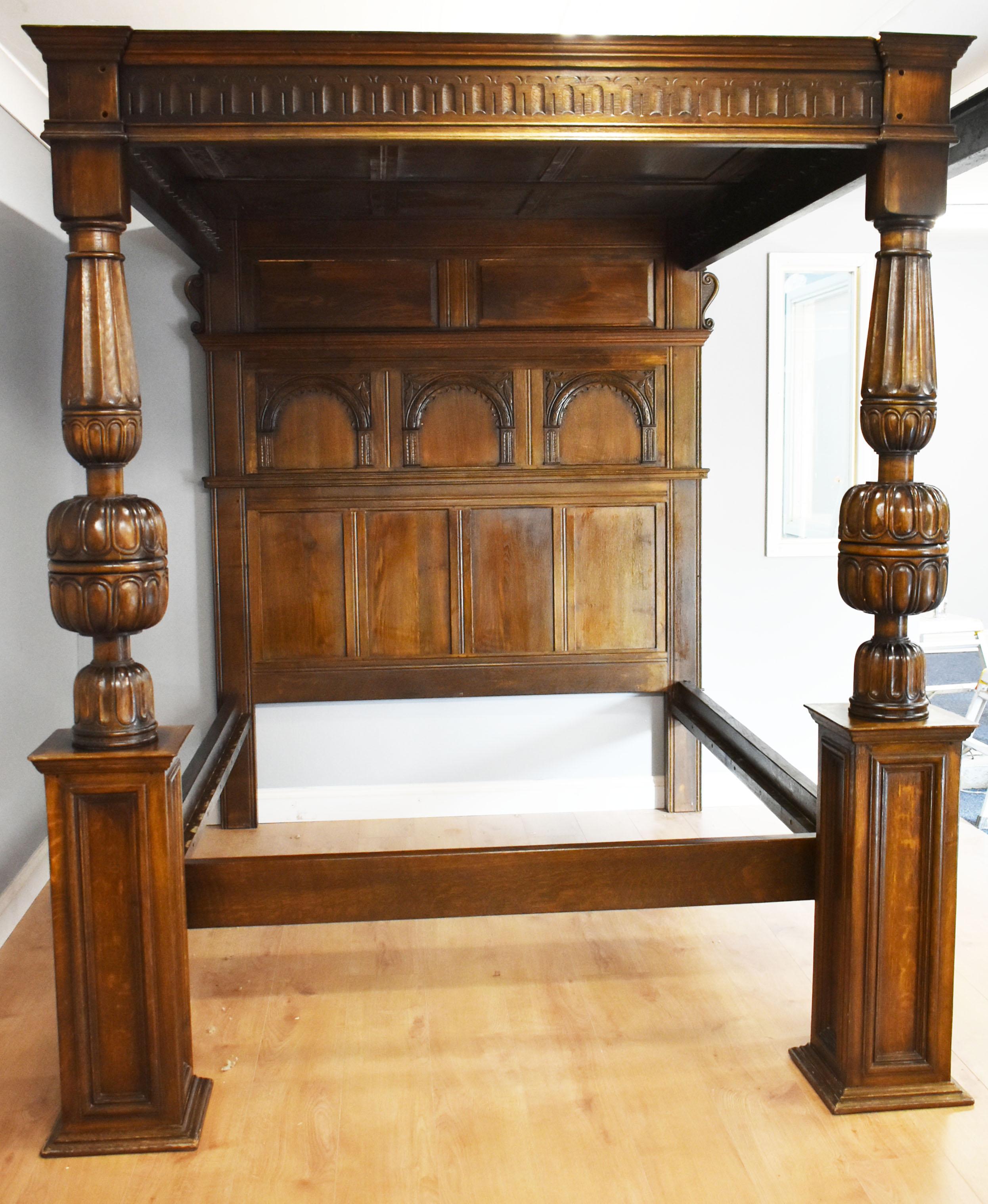Elizabethan 17th Century Style Carved Oak Four-Poster Bed