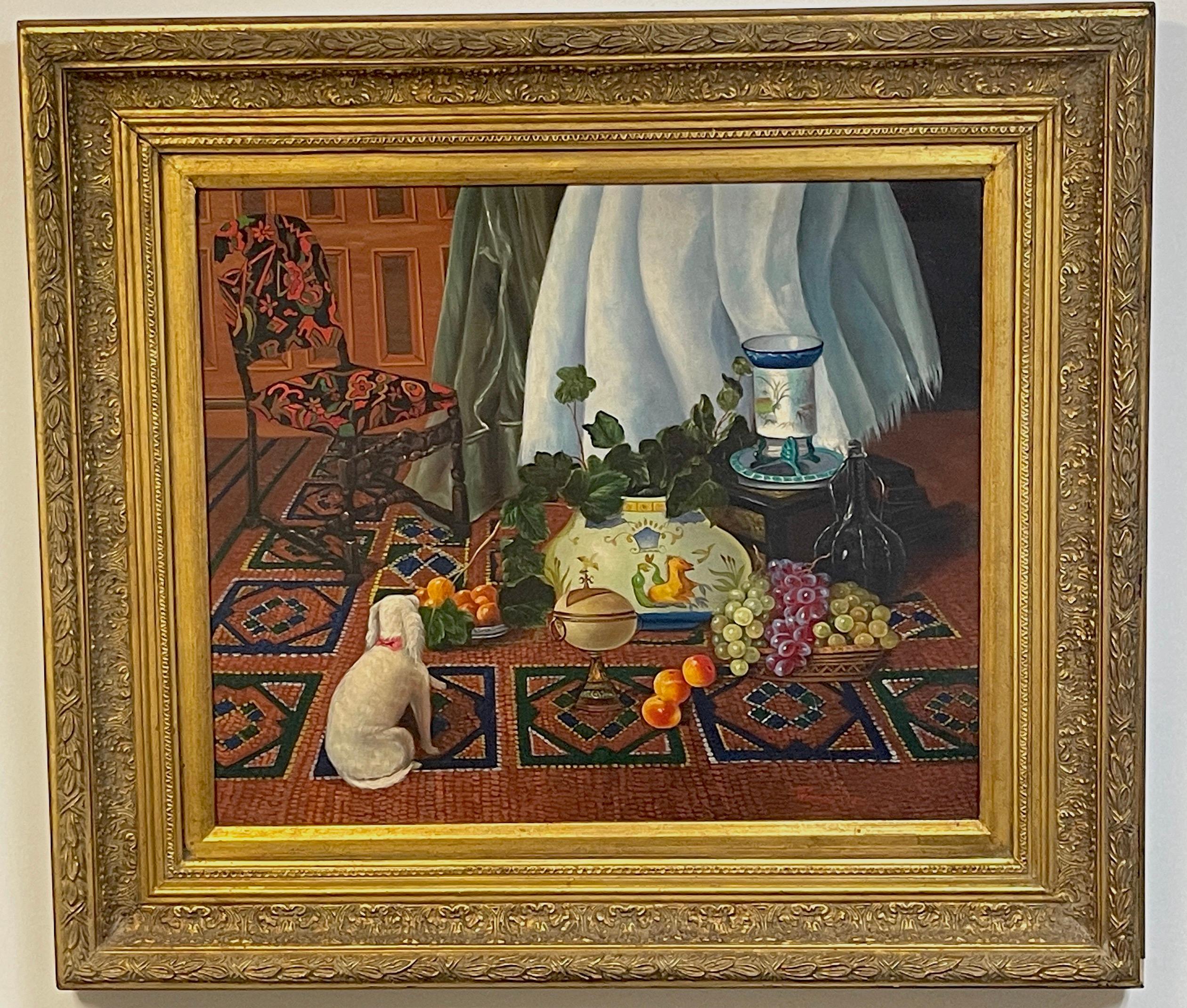 17th century style Interior Still Life, English School
A well executed 20th century work on canvas. A colorful interior still life depicting a seated white dog with raised paw resting on a geometric Persian rug, with an assortment of objets d' art,