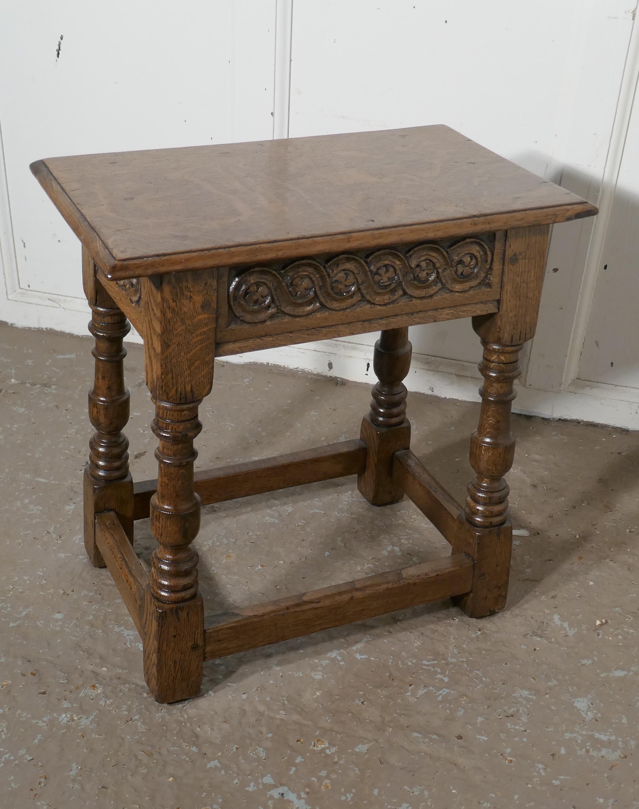 17th century style Ipswich oak joint or coffin stool

This is a superb quality piece it is an early 20th century by the Ipswich makers, a copy of the period version, it has been hand made in the traditional way, with all the character of an older