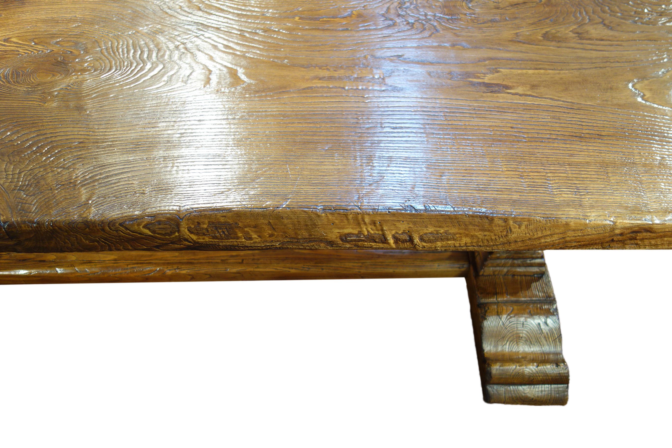 17th C Style Italian Solid Slab Chestnut Trestle Table Made to Order For Sale 9