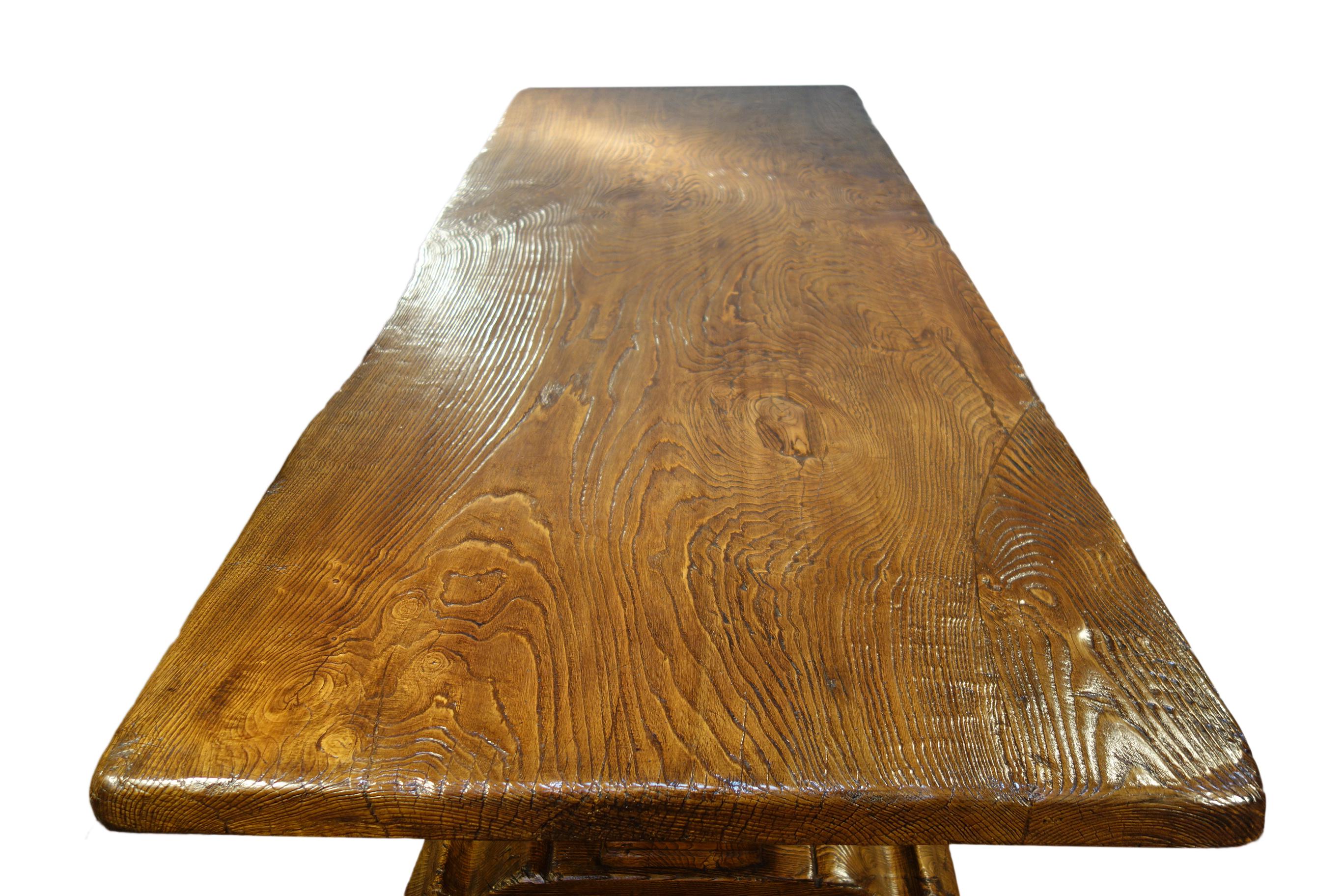 17th C Style Italian Solid Slab Chestnut Trestle Table Made to Order For Sale 12