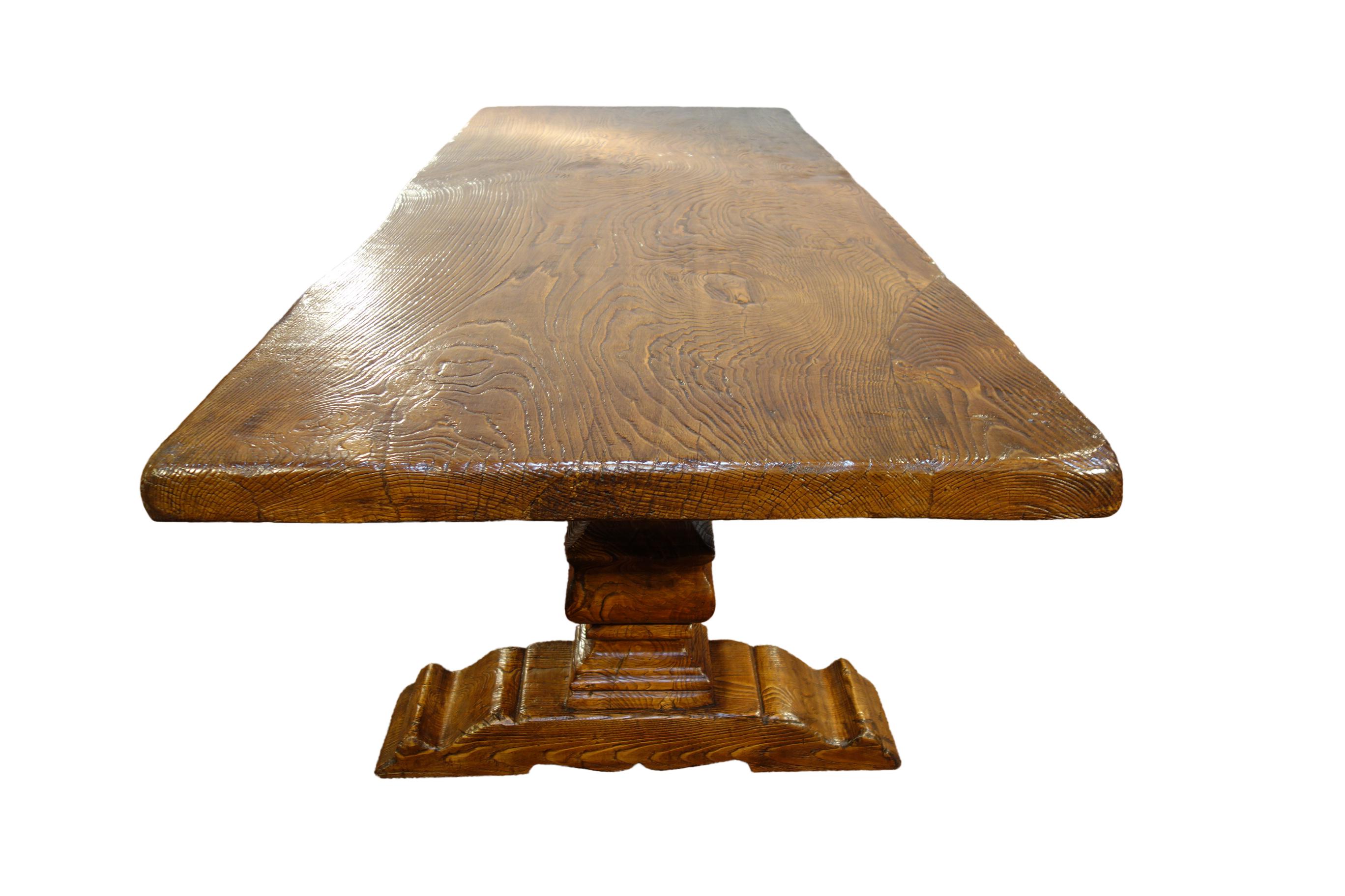 Baroque 17th C Style Italian Solid Slab Chestnut Trestle Table Made to Order For Sale