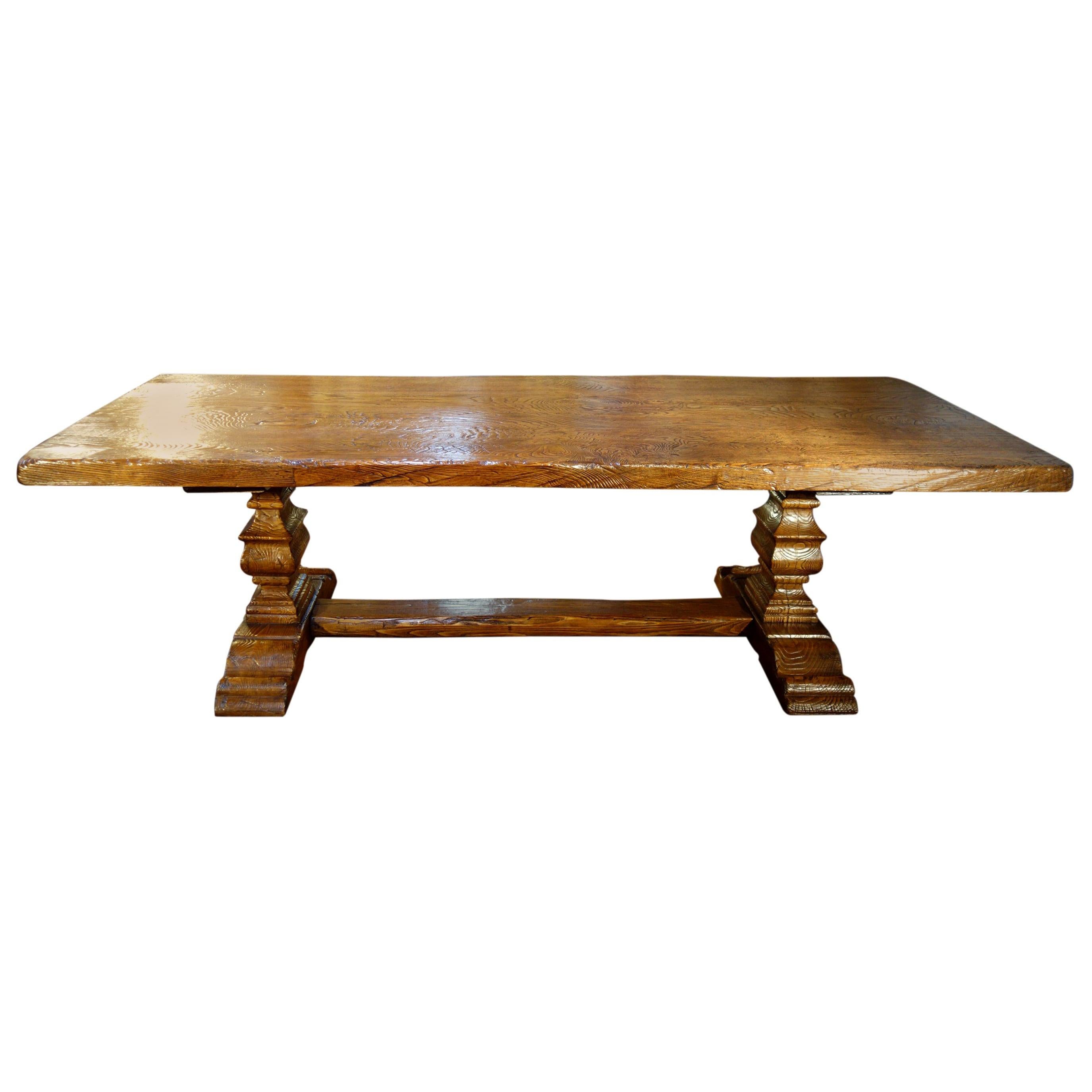 17th C Style Italian Solid Slab Chestnut Trestle Table Made to Order For Sale