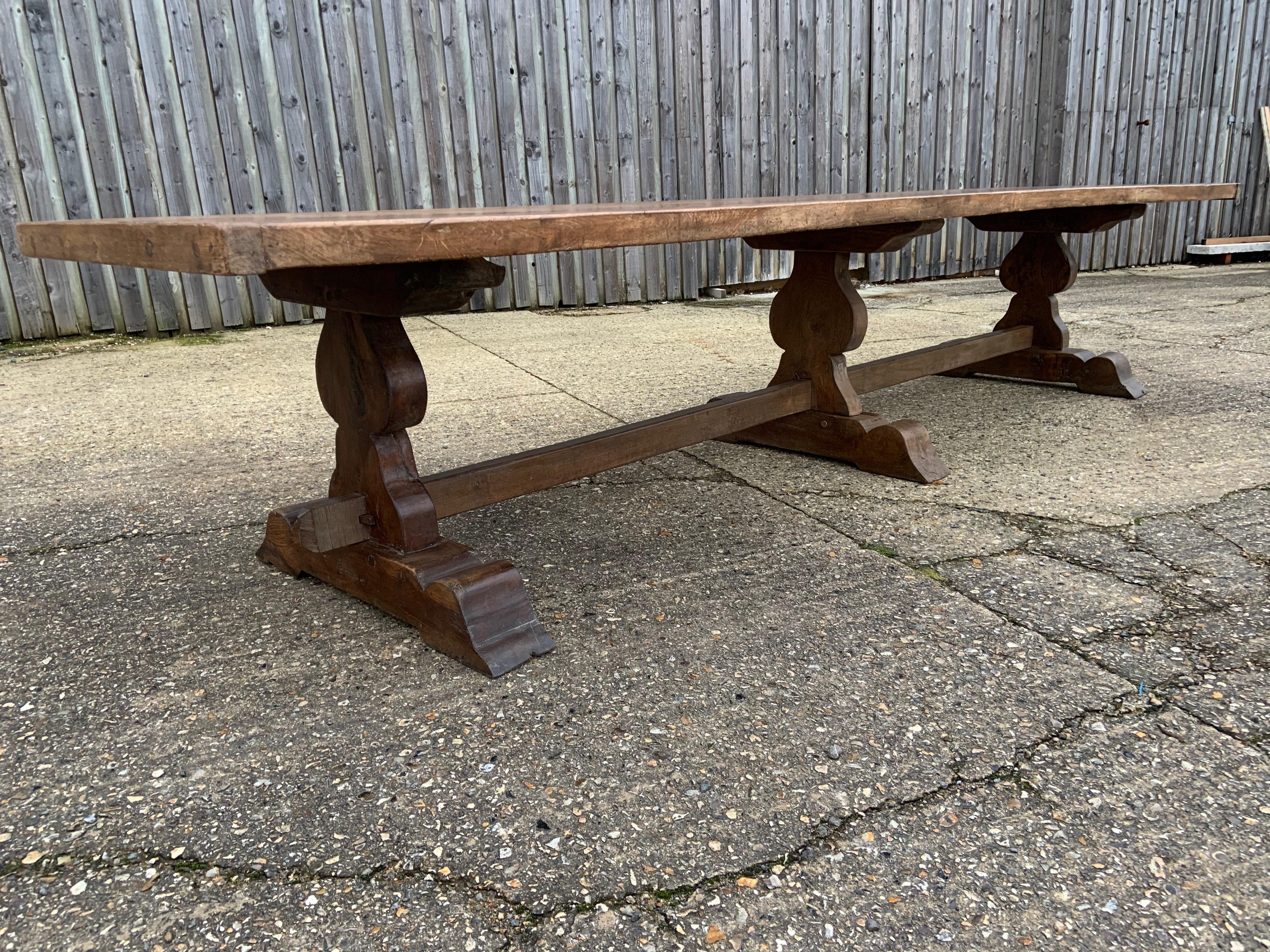 17th Century Style Large Trestle Farmhouse Table with Two Wide Trestle Benches 2