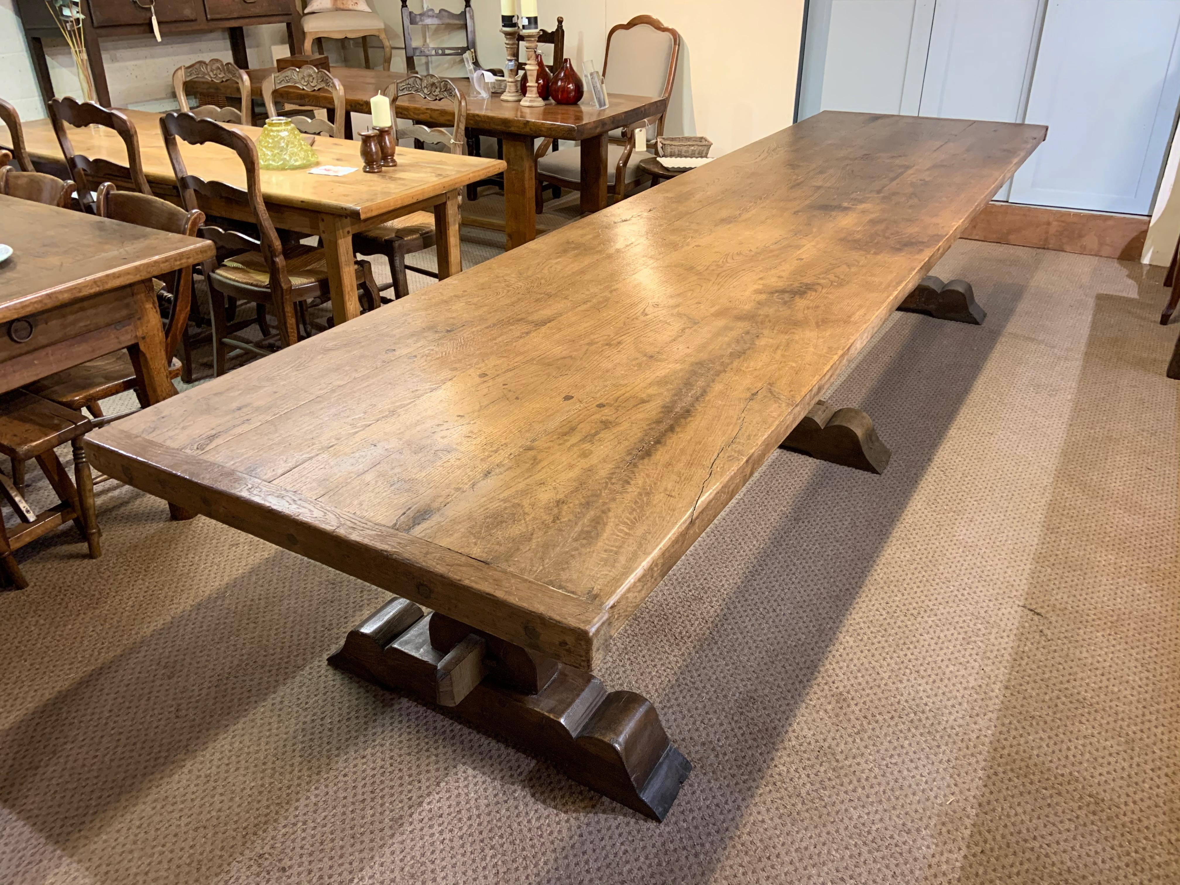 17th Century Style Large Trestle Farmhouse Table with Two Wide Trestle Benches 4