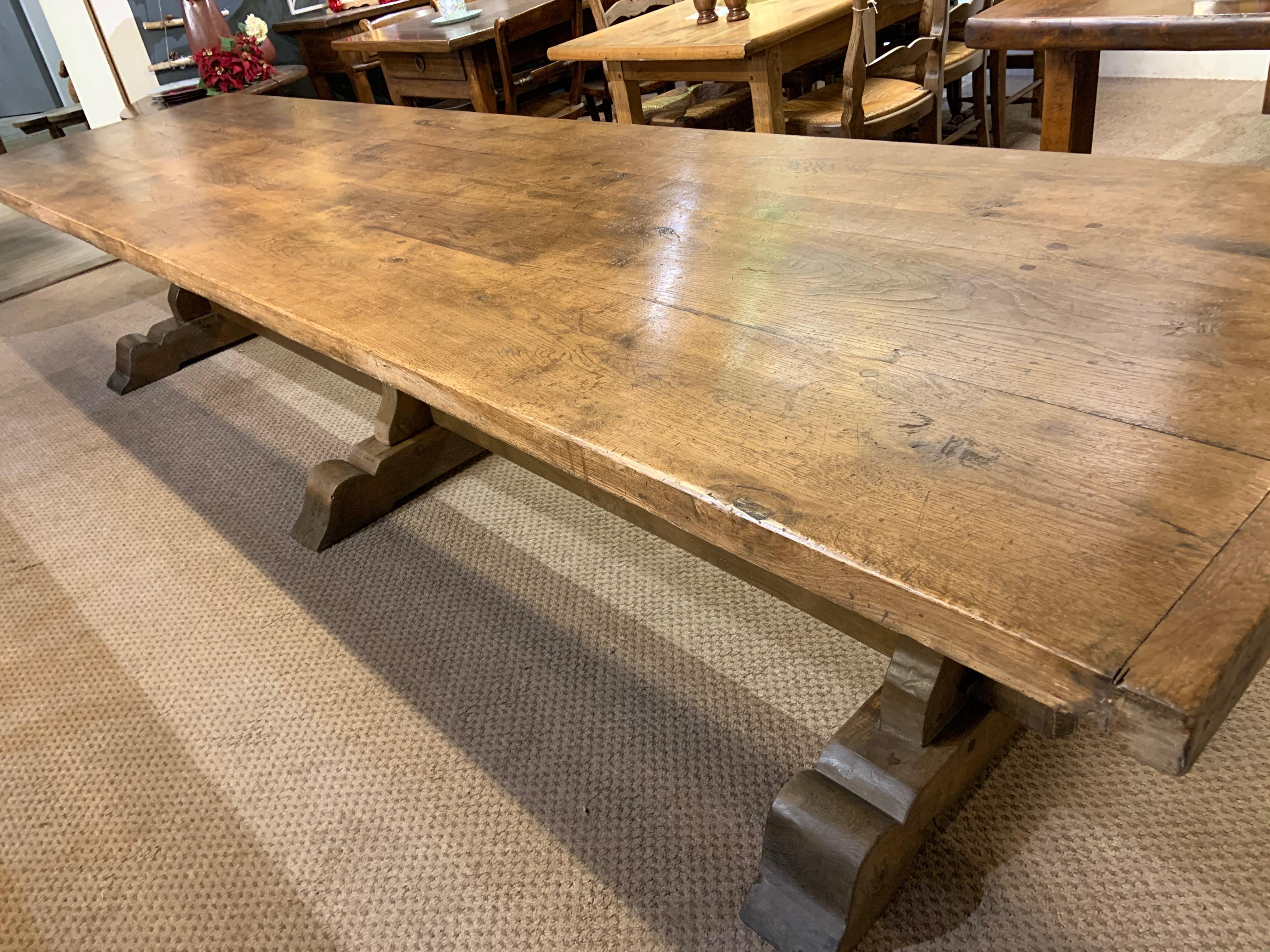 17th Century Style Large Trestle Farmhouse Table with Two Wide Trestle Benches 6