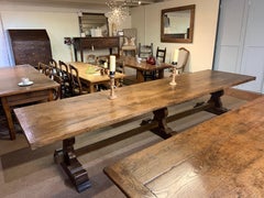 17th Century Style Large Trestle Farmhouse Table with Two Wide Trestle Benches