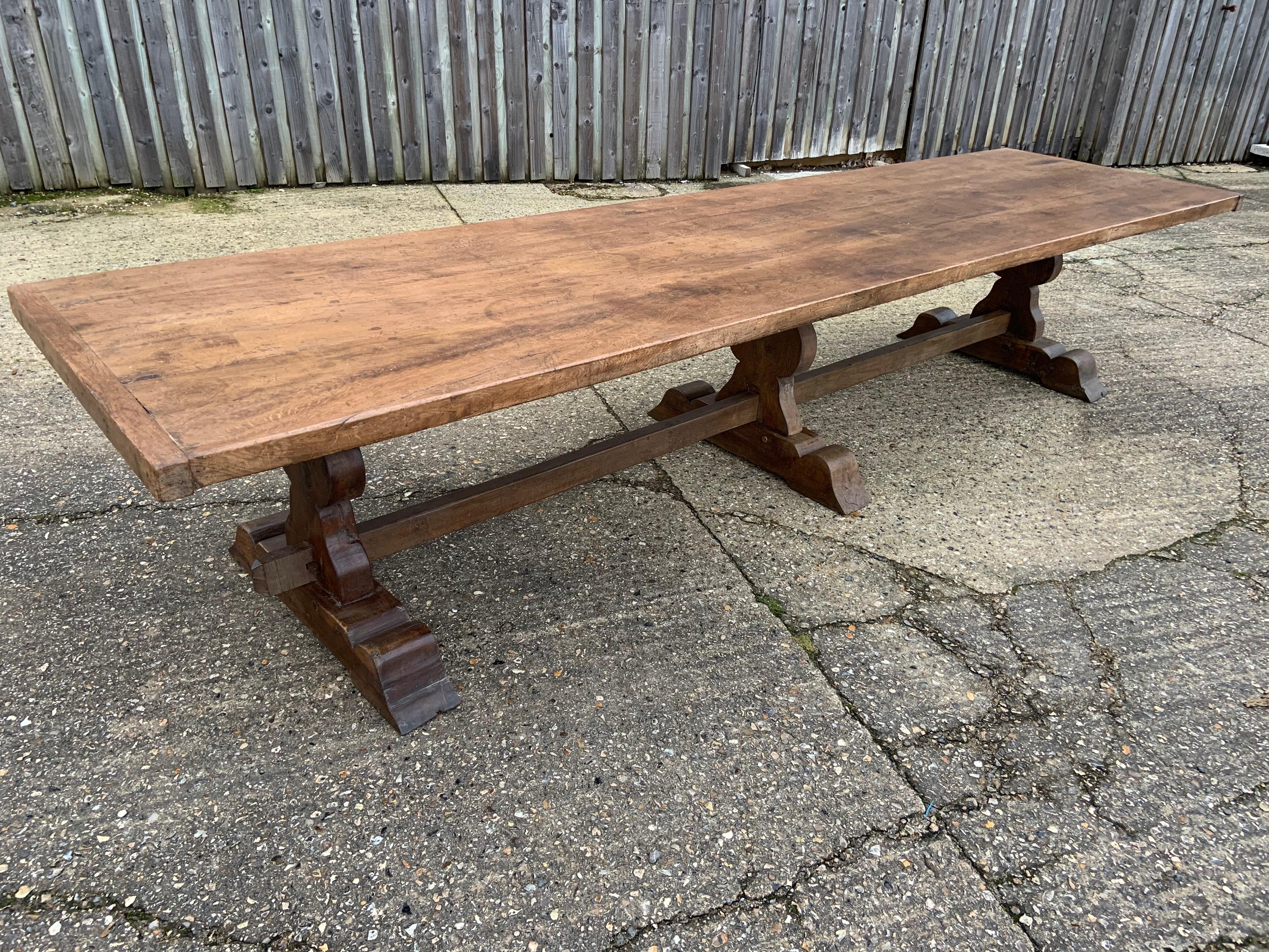French Provincial 17th Century Style Large Trestle Farmhouse Table with Two Wide Trestle Benches