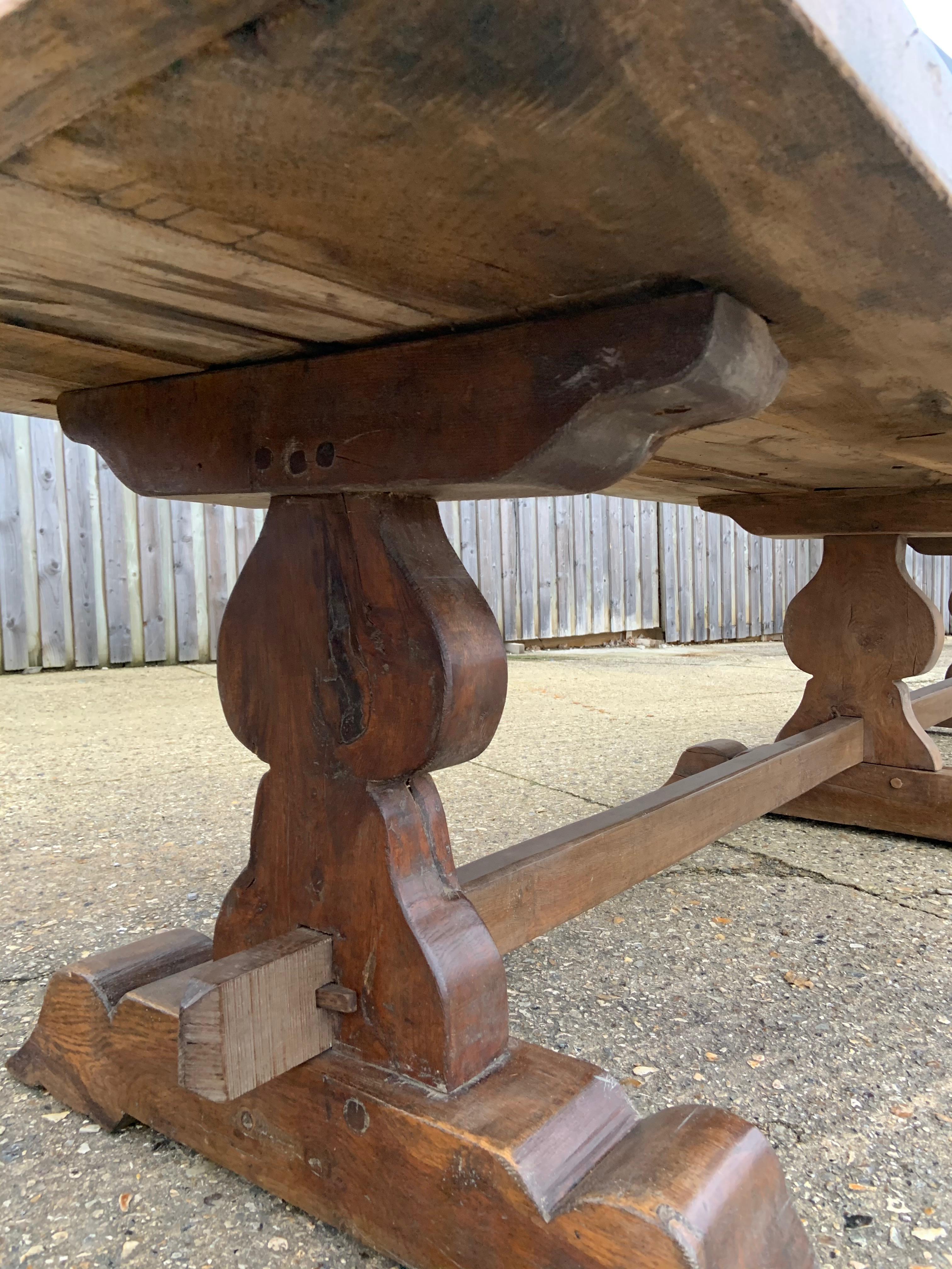 French 17th Century Style Large Trestle Farmhouse Table with Two Wide Trestle Benches