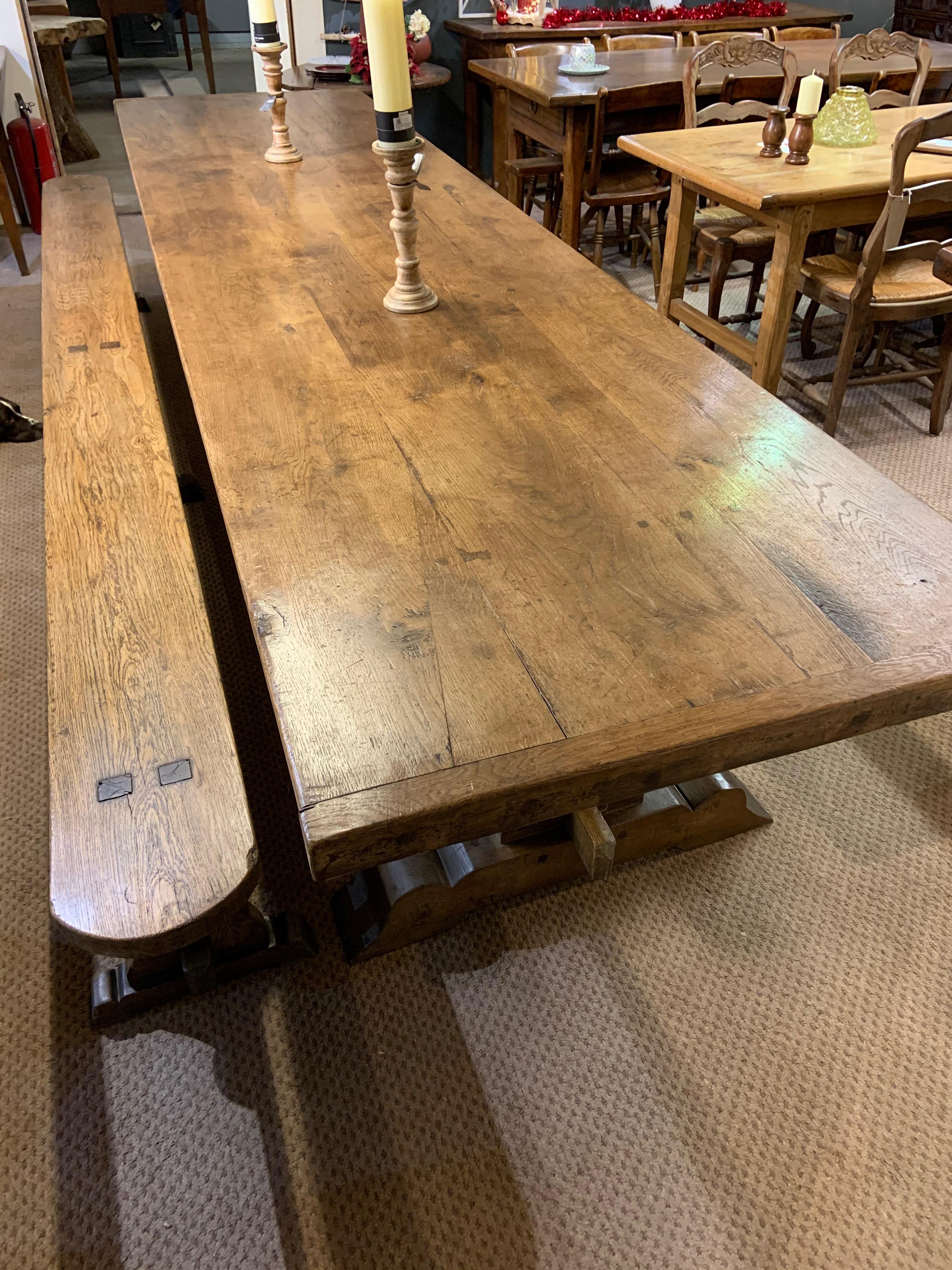 20th Century 17th Century Style Large Trestle Farmhouse Table with Two Wide Trestle Benches