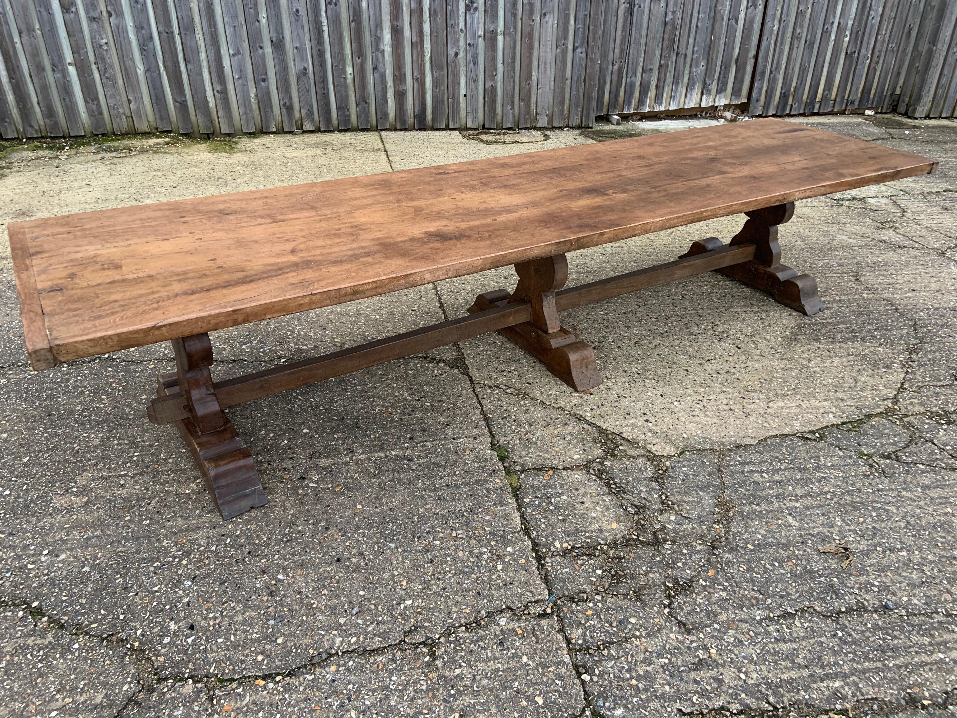 Oak 17th Century Style Large Trestle Farmhouse Table with Two Wide Trestle Benches