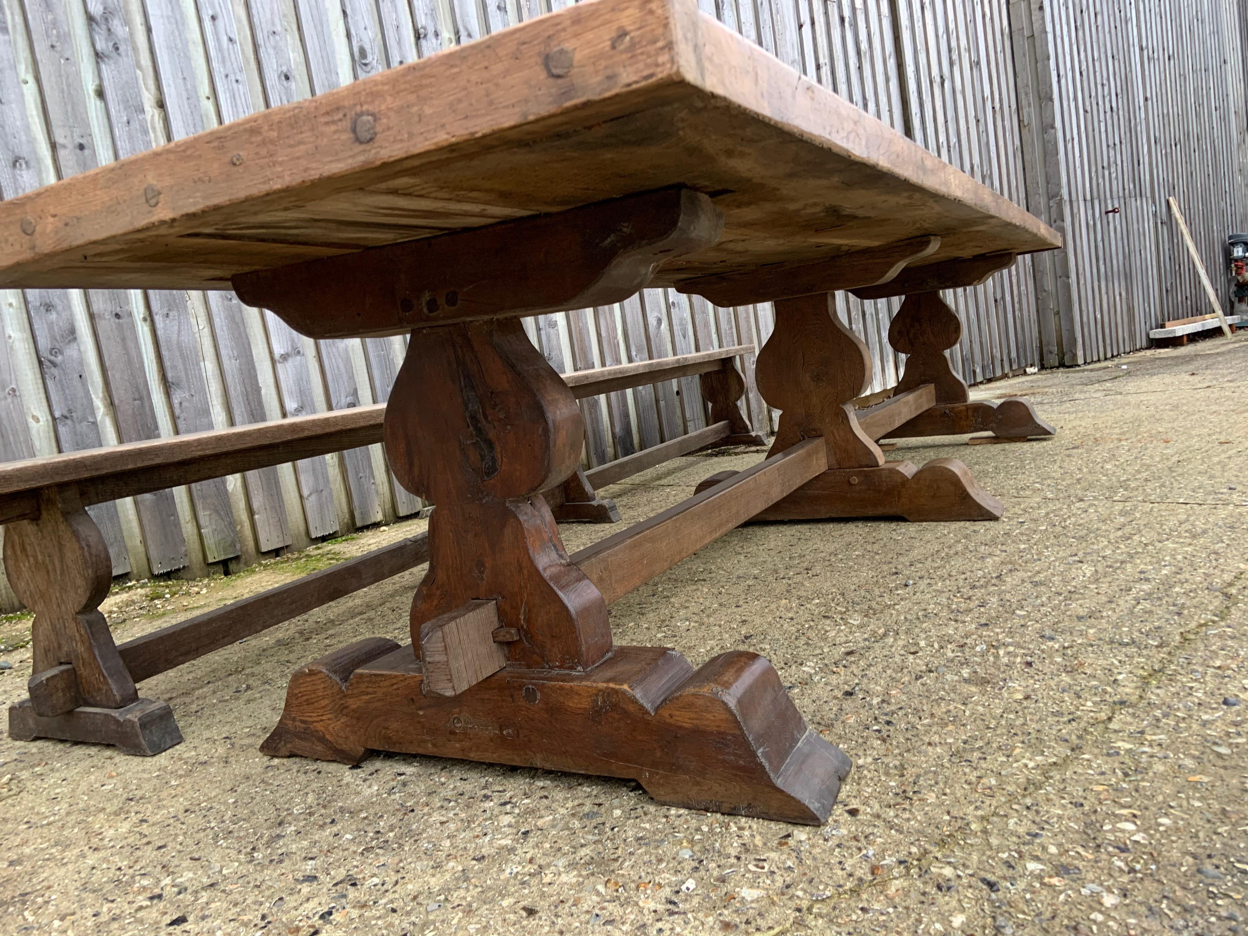 17th Century Style Large Trestle Farmhouse Table with Two Wide Trestle Benches 1