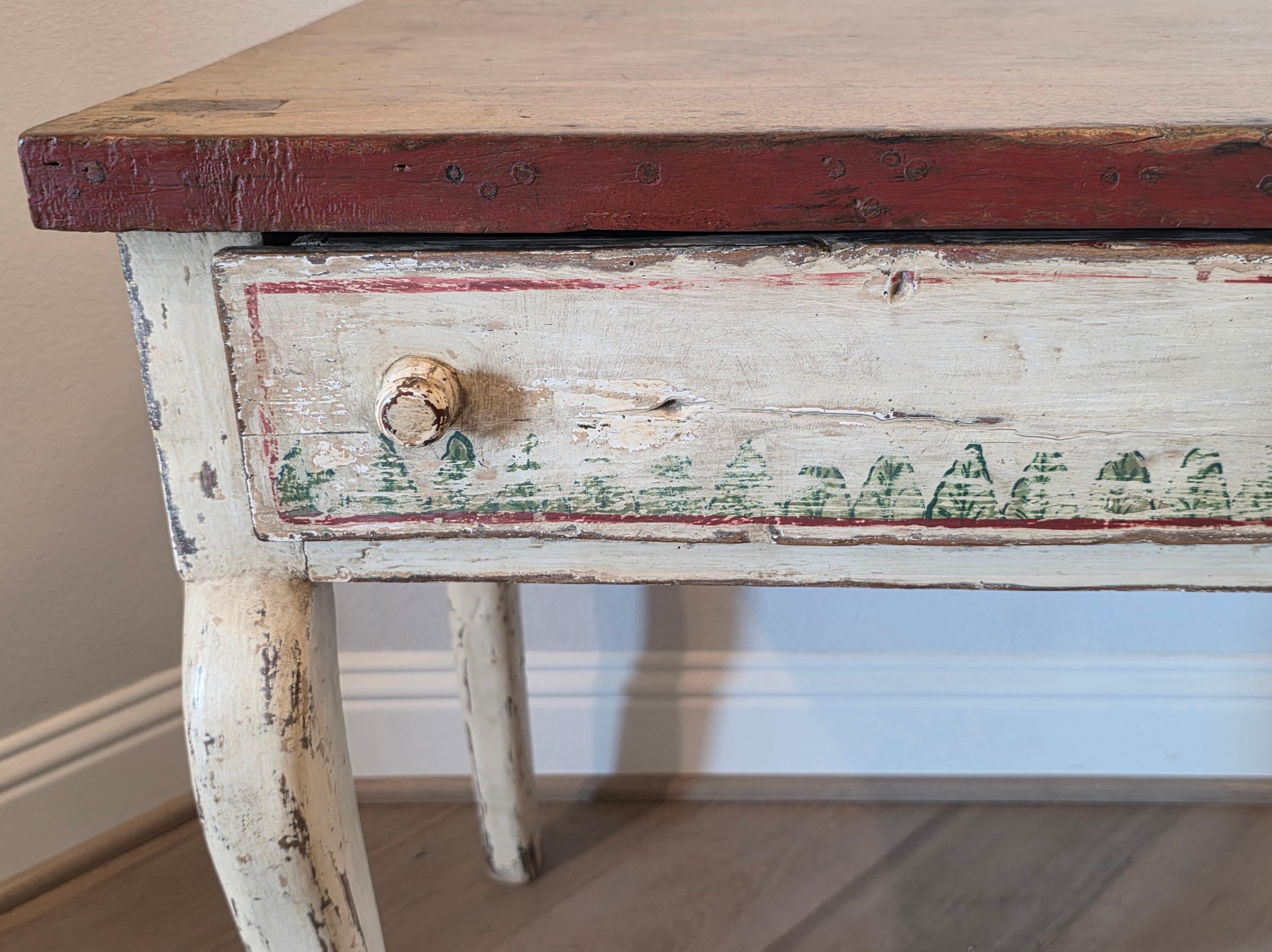 17th Century Swedish Paint Decorated Pine Single Drawer Table For Sale 11